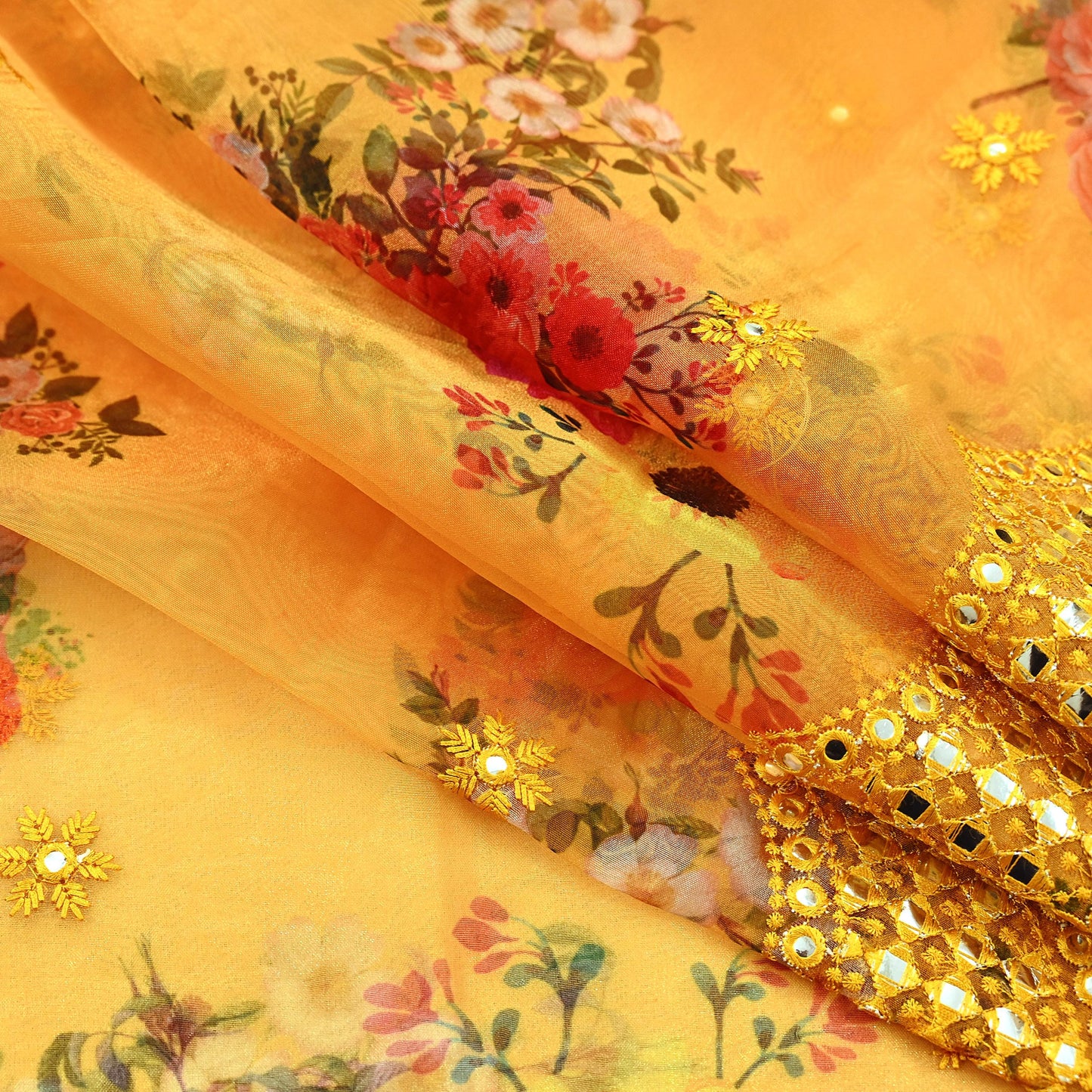 Indian Vintage Dupatta Saffron Long Stole Hand Embroidered Tissue Scarves Veil Mirror Zari Soft Scarf Wrap Boho