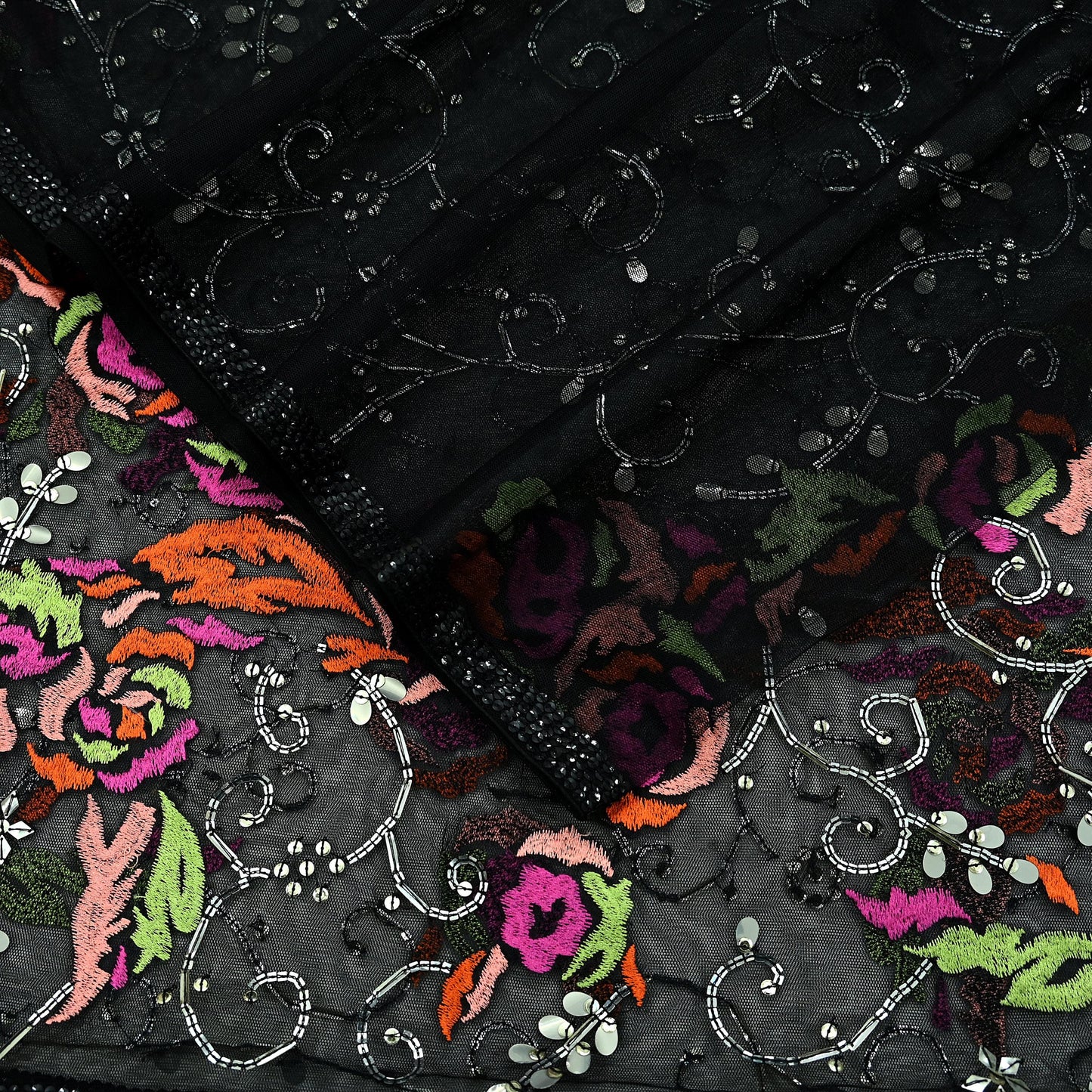 Indian Vintage Black Dupatta Net Mesh Long Stole Hand Embroidered Scarves Sequins Veil Hijab Party Wear