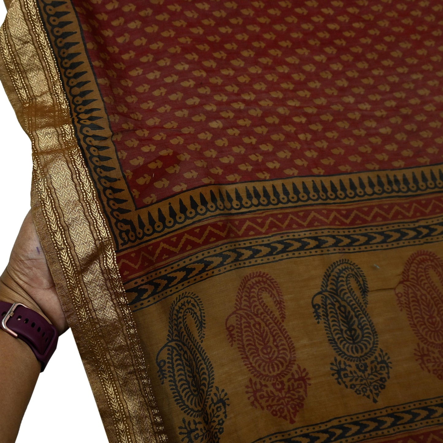 Indian Vintage Maroon Dupatta Long Stole Block Print Pure Chanderi Silk Scarves Veil Floral Design Upcycle Party wear hijab Zari Border