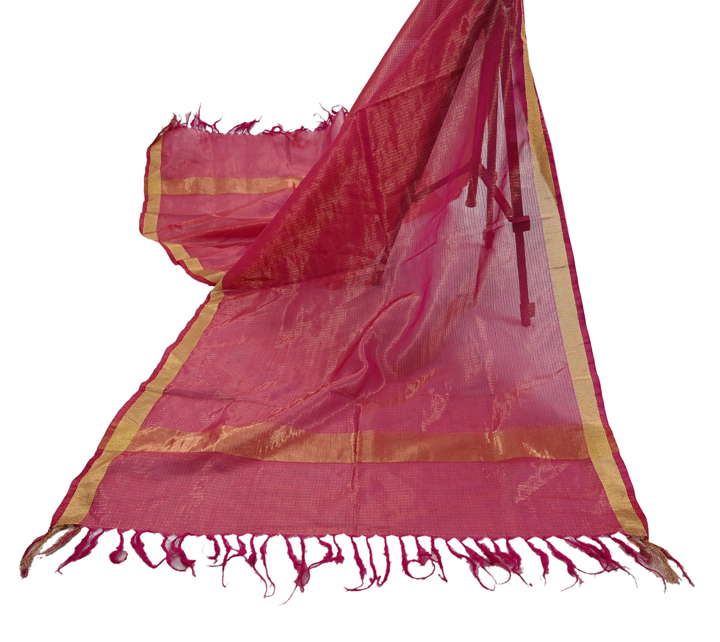 Indian Vintage Dupatta Pink Long Stole Hand Woven Tissue Scarf Veil Soft Floral Zari Fringes
