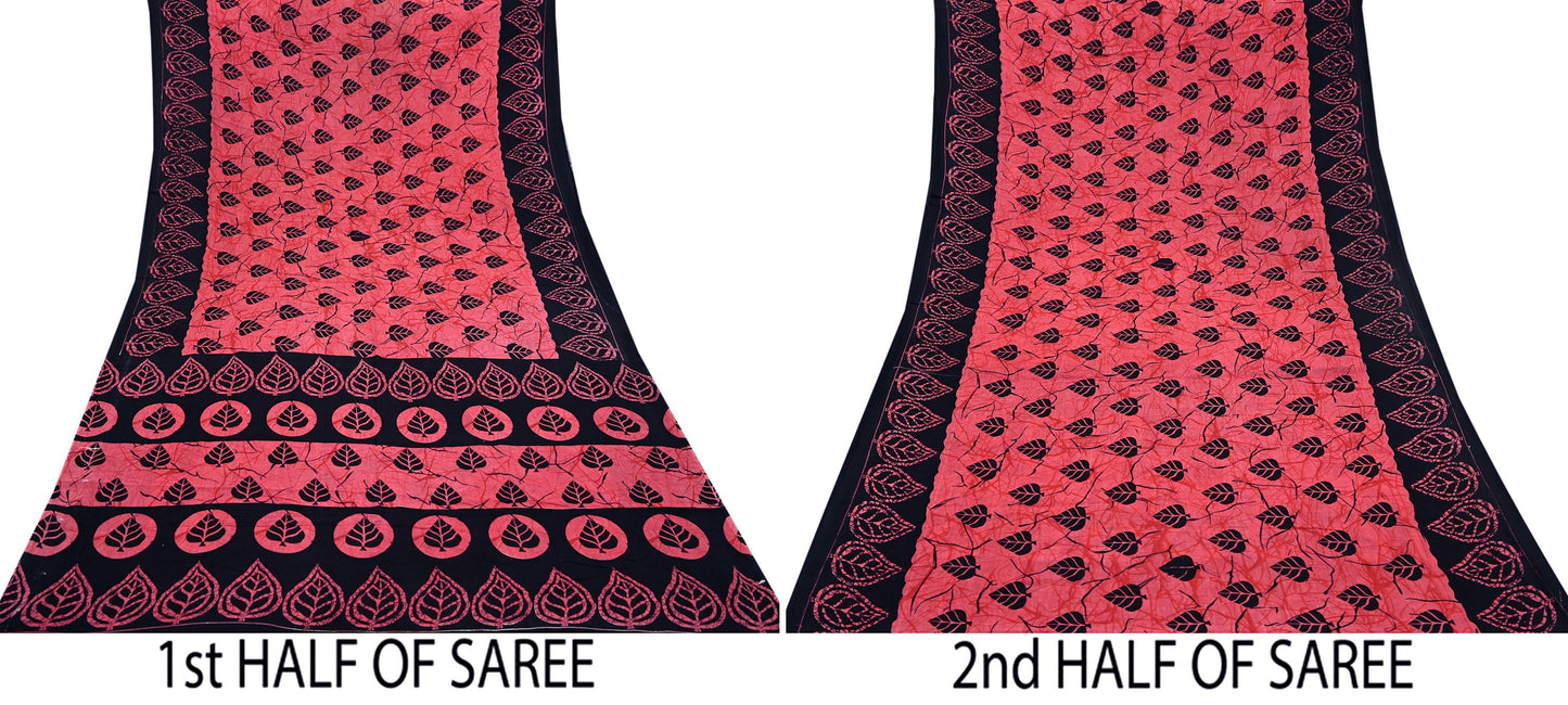 Indian Vintage Sari Black & Peach Printed 100% Pure Cotton Saree Craft Fabric 5Yd Sewing Sarong Wrap Boho Floral Dress making Quilting Soft