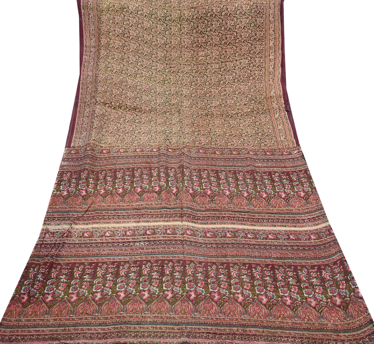 Indian Vintage Sari Brown 100% Pure Cotton Printed Sarees 5Yd Craft Fabric Sewing Soft Sarong Wrap Boho Quilting Upcycle Dress Making Used