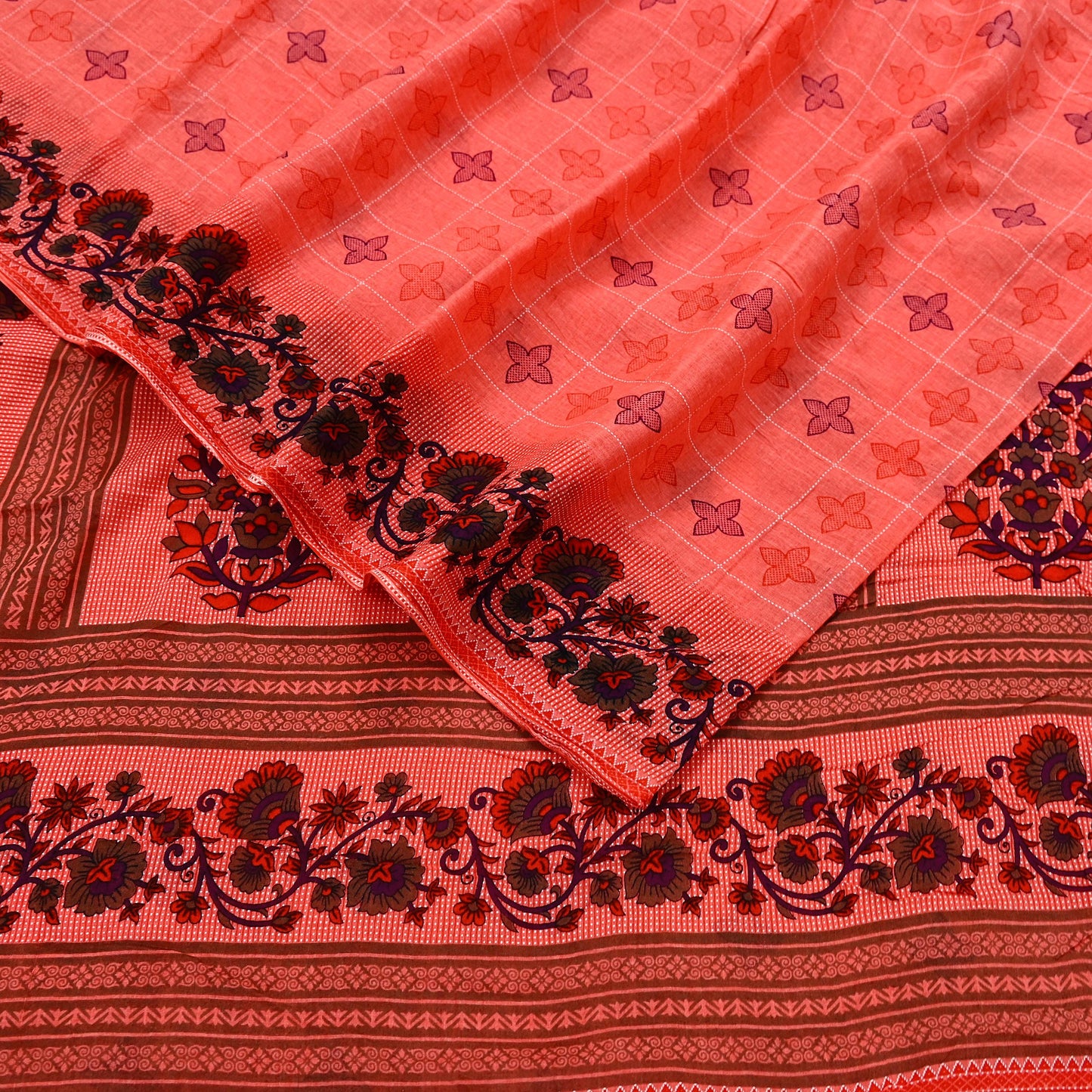 Indian Vintage Sari Peach Printed 100% Pure Cotton Sarees Craft Fabric Soft 5Yd Sewing Sarong Wrap Boho Floral Quilting Crafting