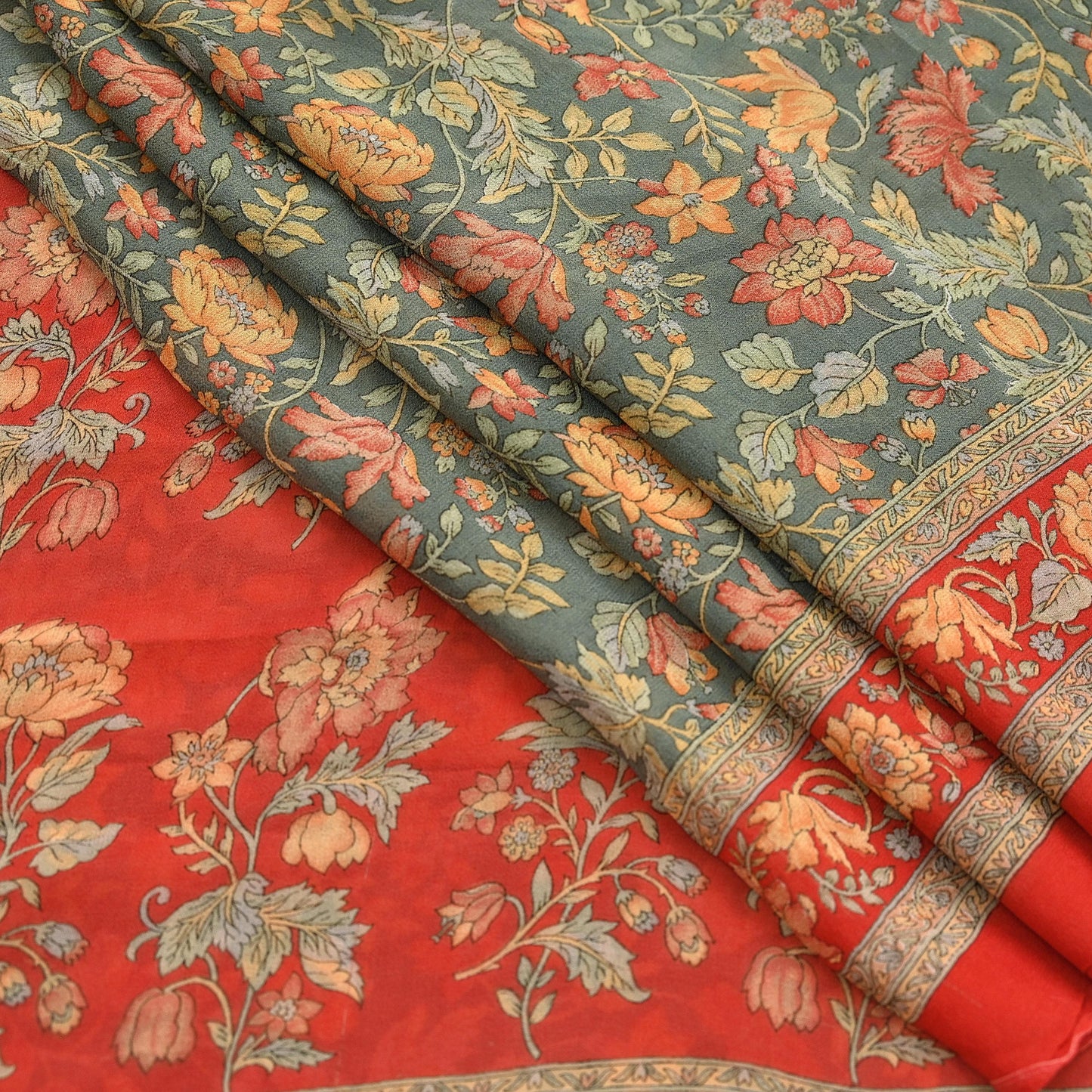 Women Vintage Sari Red & Green 100% Pure Georgette Silk Printed Saree Craft Fabric Sewing 5Yard Soft Sari Dress Making