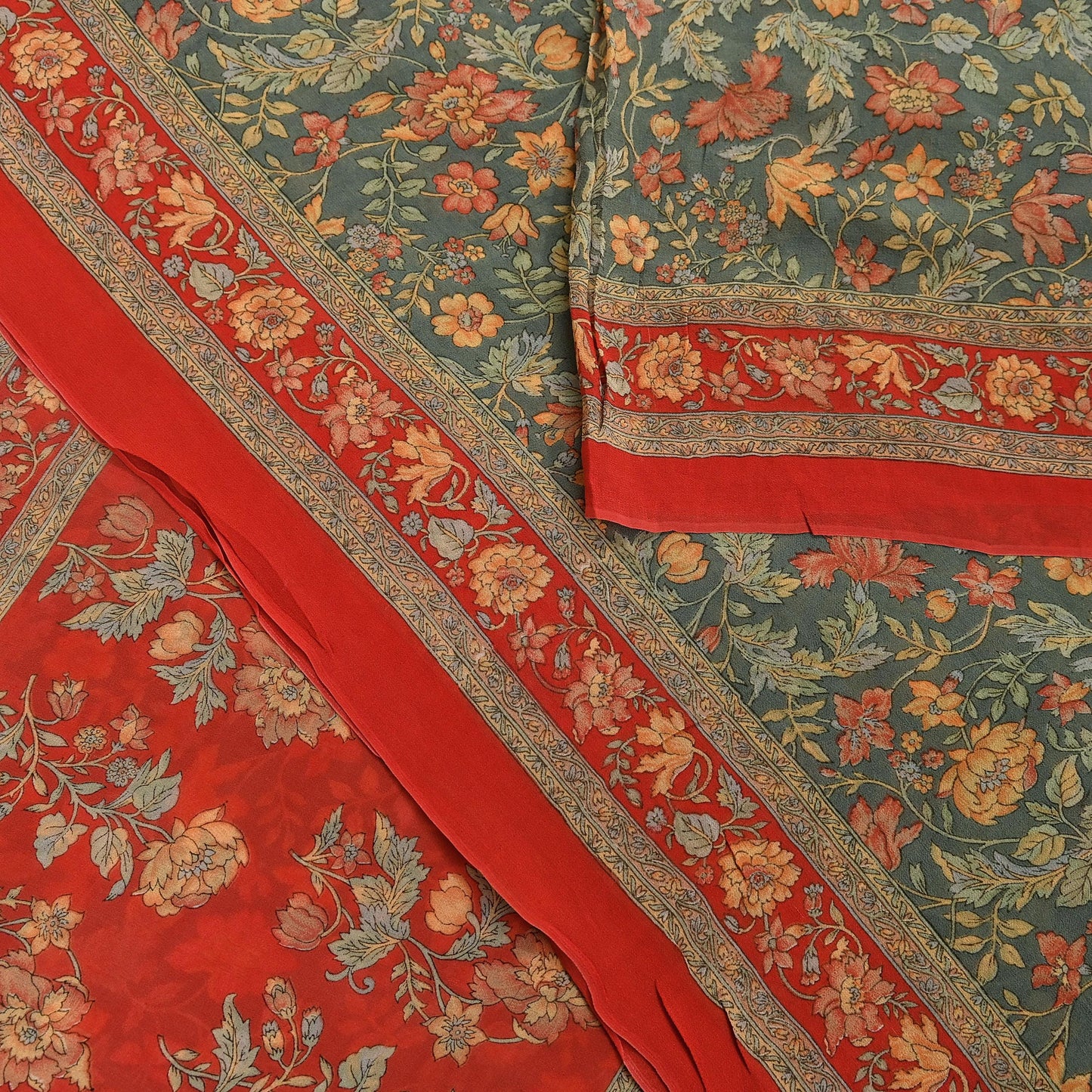 Women Vintage Sari Red & Green 100% Pure Georgette Silk Printed Saree Craft Fabric Sewing 5Yard Soft Sari Dress Making