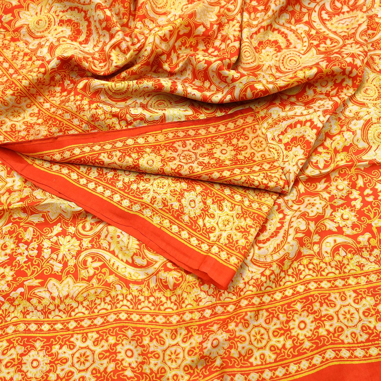 Indian Vintage Sari Orange 100% Pure Silk Block Printed Saree Fabric 5yd Sewing Craft Fabric DressMaking Soft Wrap For Crafting Quilting