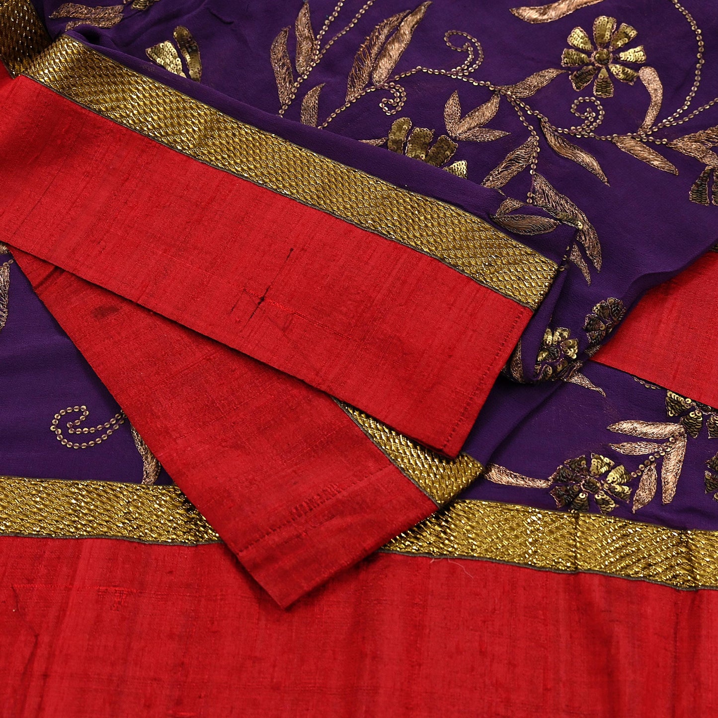 Indian Vintage Heavy Purple Dupatta Pure Georgette Silk Long Stole Hand Embroidered Gota Patti Scarf Zari