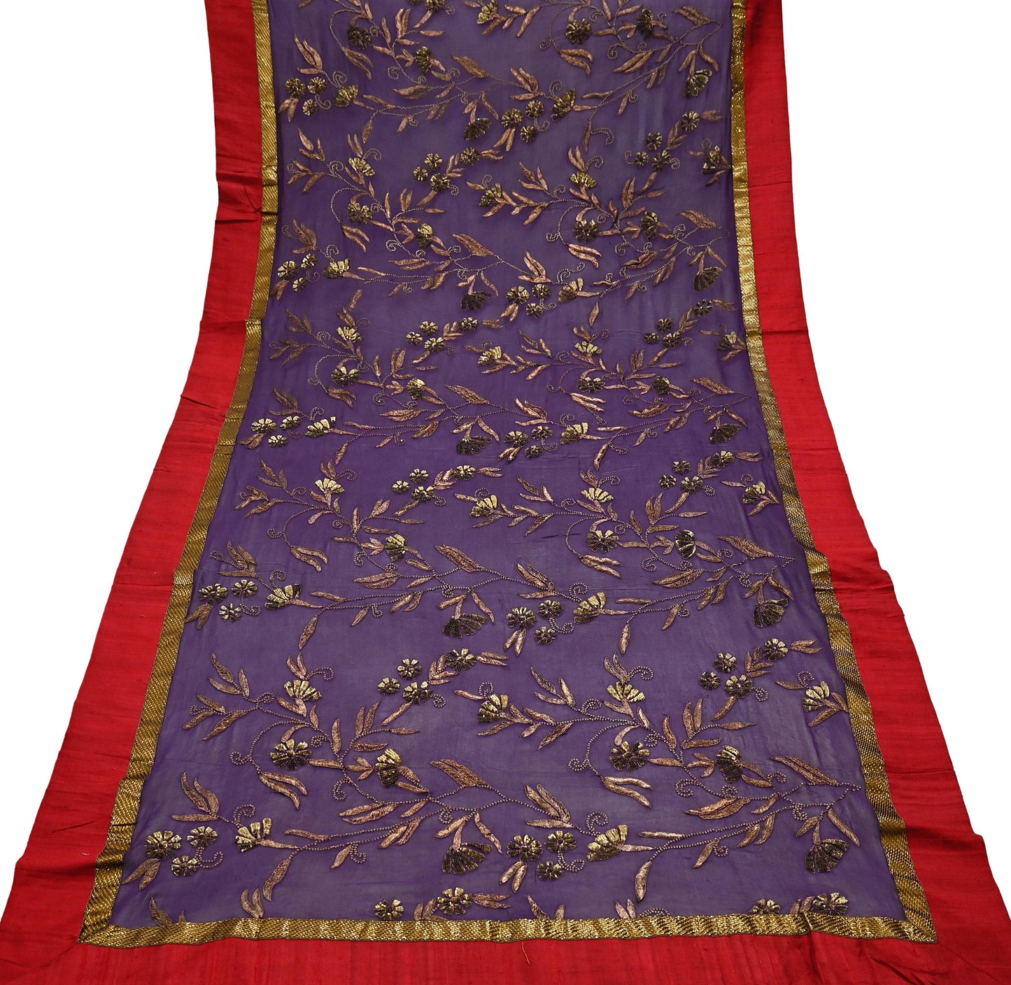 Indian Vintage Heavy Purple Dupatta Pure Georgette Silk Long Stole Hand Embroidered Gota Patti Scarf Zari