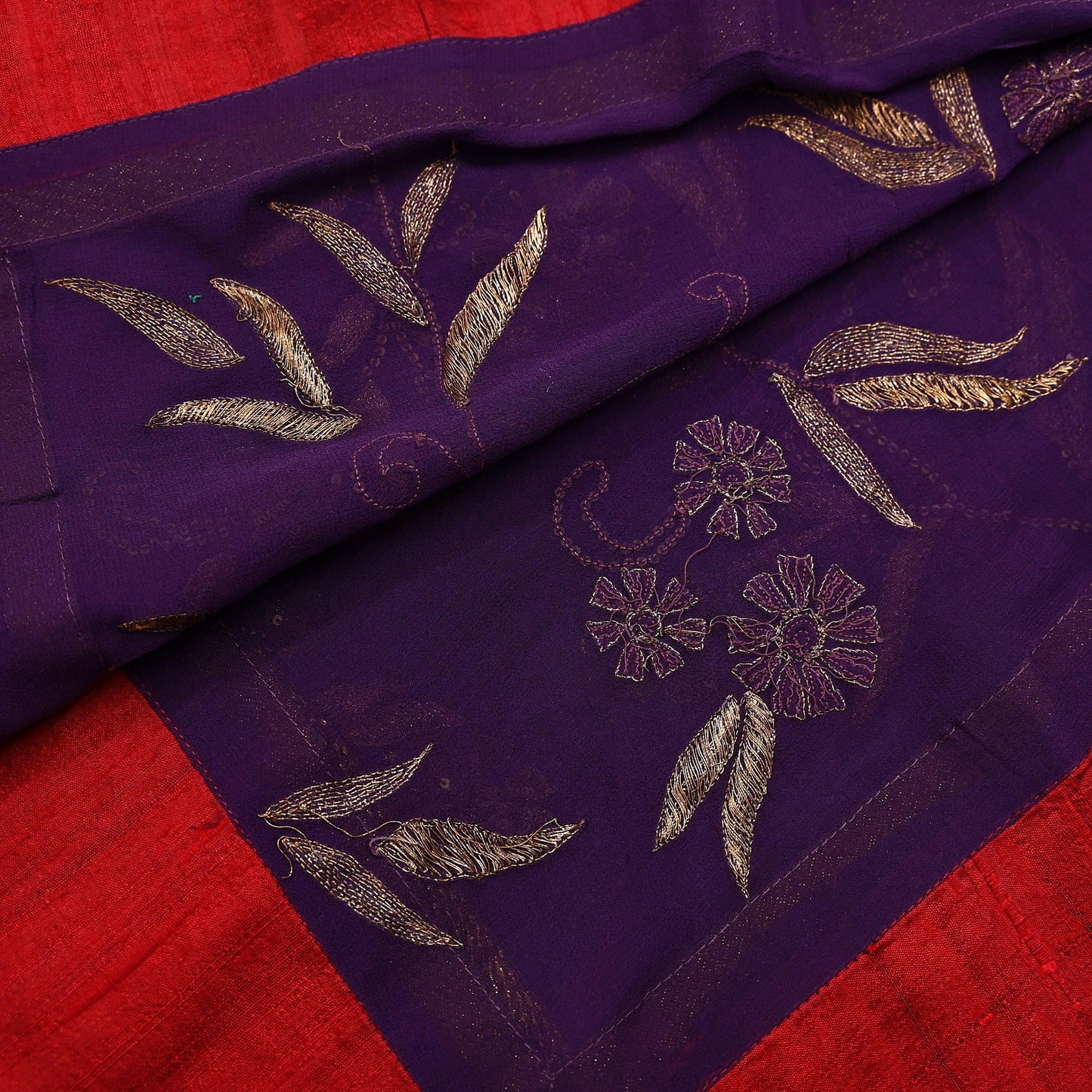 Indian Vintage Heavy Purple Dupatta Pure Georgette Silk Long Stole Hand Embroidered Gota Patti Scarf Zari