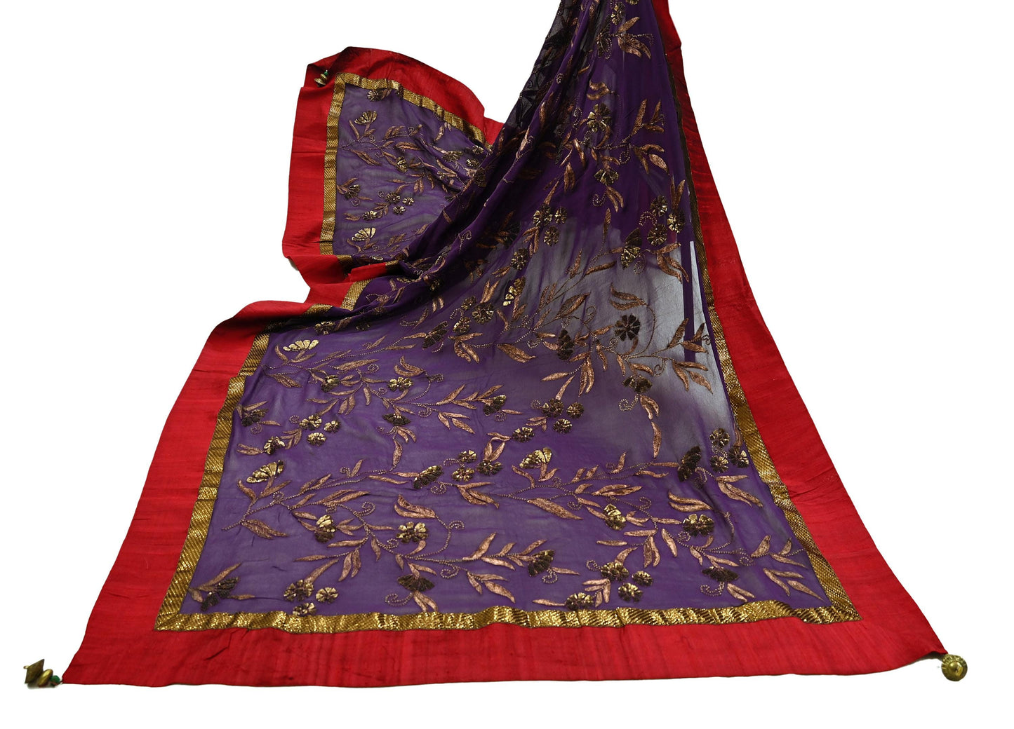 Indian Vintage Heavy Purple Dupatta Pure Georgette Silk Long Stole Hand Embroidered Gota Patti Scarf Zari
