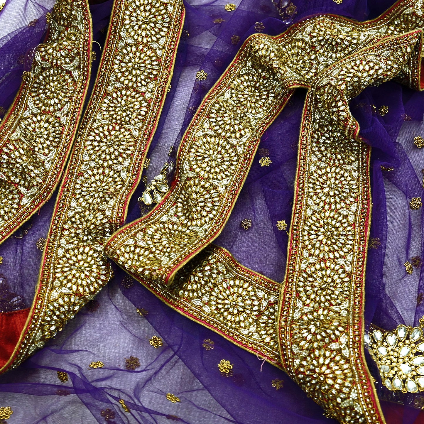 Indian Vintage Heavy Purple Dupatta Net Mesh Long Stole Hand Embroidered Scarf Purple Zardozi Zari Sequins Stole