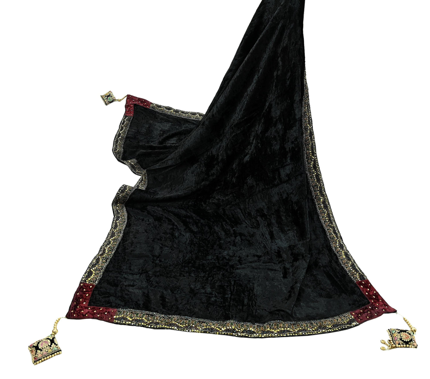 Indian Vintage Heavy Black Dupatta Velvet Long Stole Hand Embroidered Scarves Zari Hijab Veil Wrap Bridal Dupatta Hanging