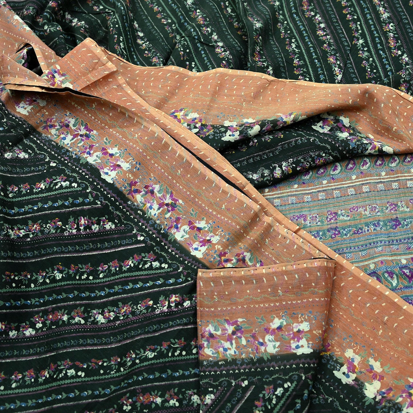 Indian Vintage Sari Green Printed Pure Cotton Saree Craft Soft Fabric 5Yard Sewing Sarong Wrap Boho Floral