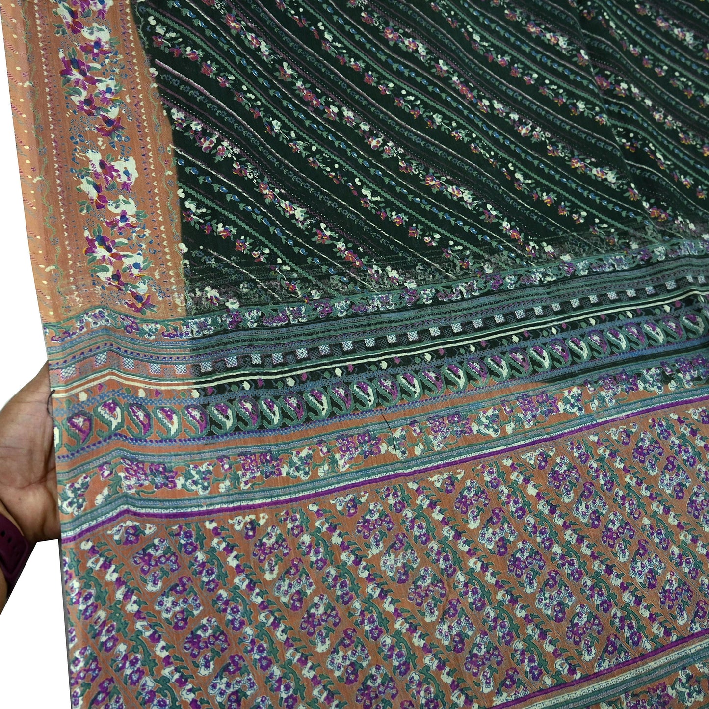 Indian Vintage Sari Green Printed Pure Cotton Saree Craft Soft Fabric 5Yard Sewing Sarong Wrap Boho Floral
