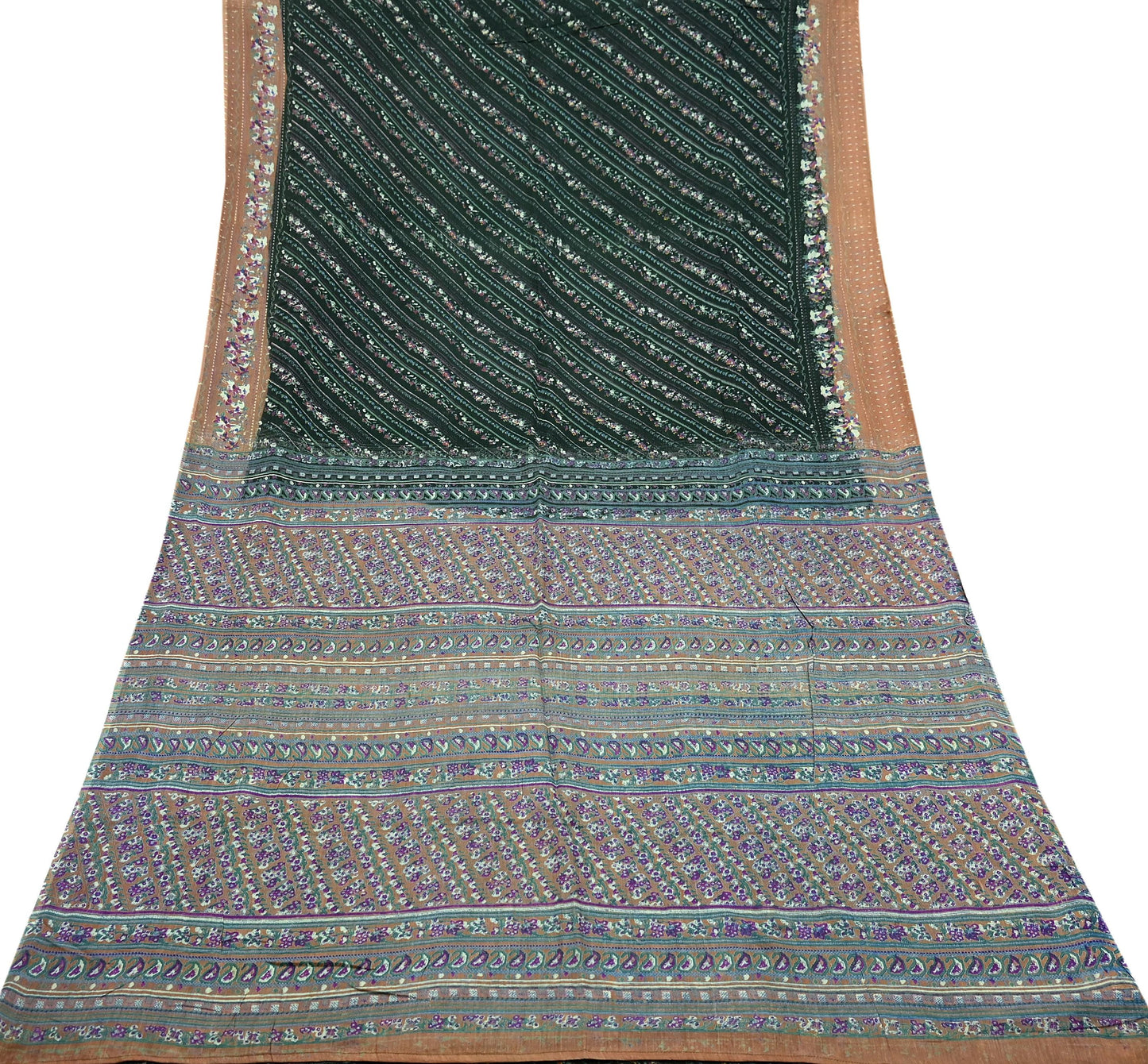 Indian Vintage Sari Green Printed Pure Cotton Saree Craft Soft Fabric 5Yard Sewing Sarong Wrap Boho Floral
