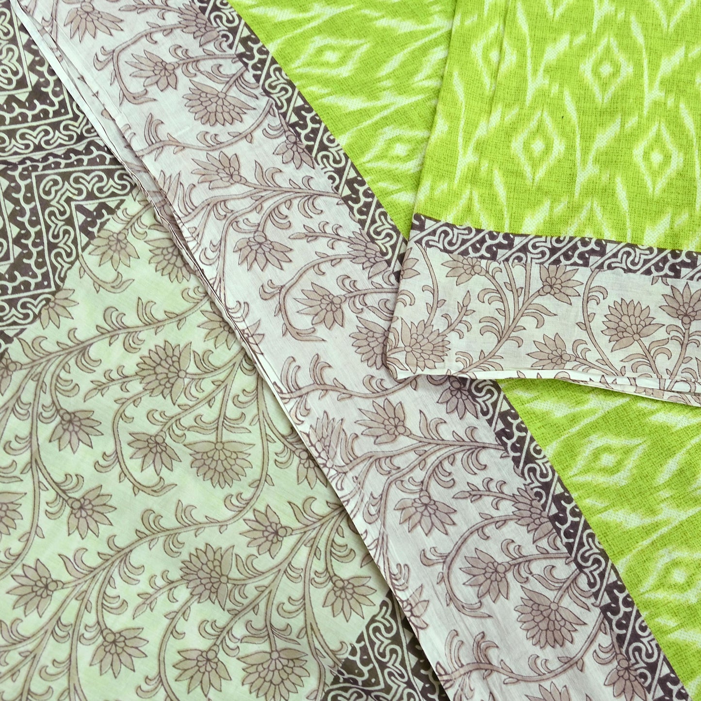 Indian Vintage Sari Green & Ivory Printed Pure Cotton Sarees 5Yd Craft Fabric Soft Sewing Sarong Wrap Boho Upcycle quilting Dress making