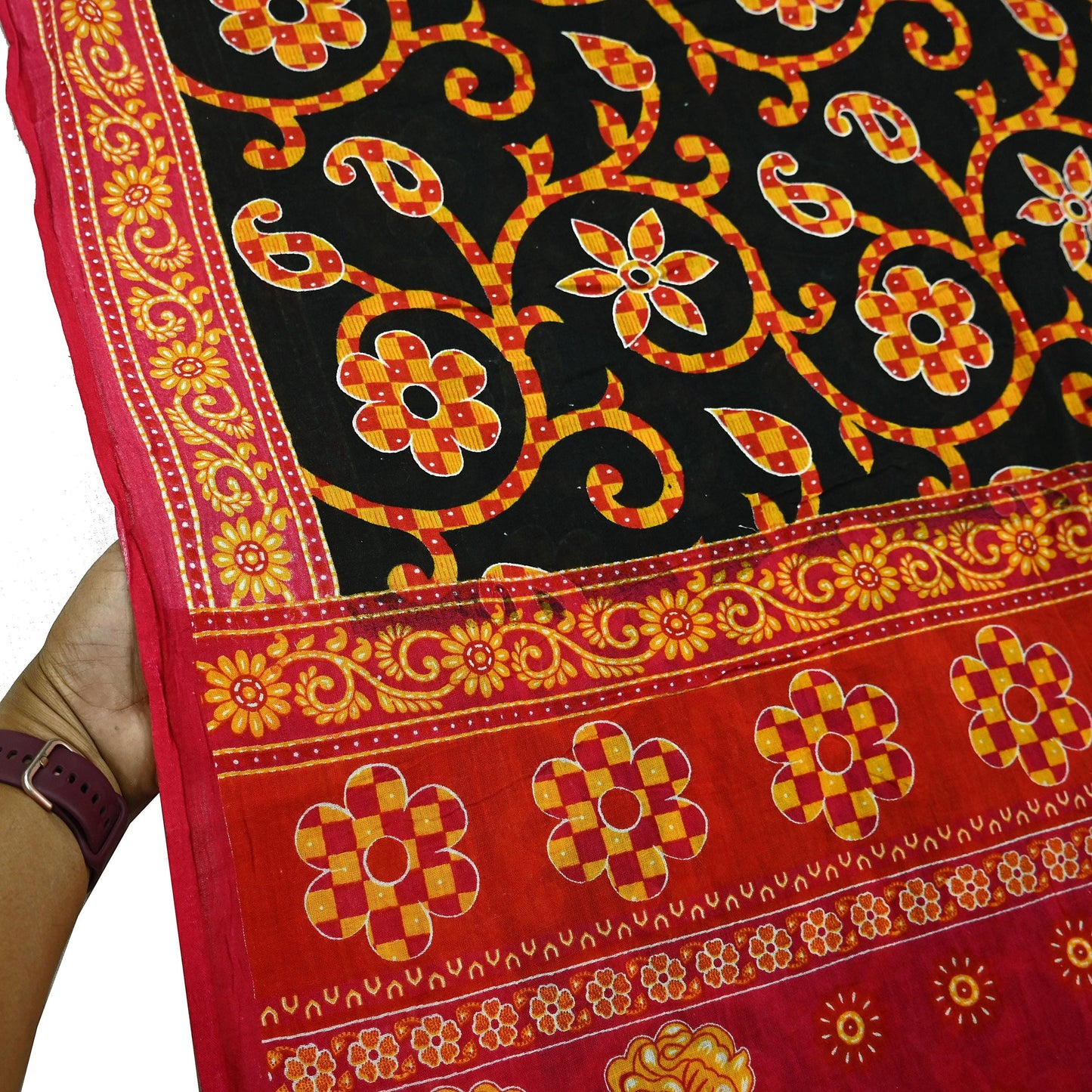 Indian Vintage Sari Red & Black Printed 100% Pure Cotton Sarees Craft Fabric 5Yard Sewing Sarong Wrap Boho Floral Dress making Quilting Soft