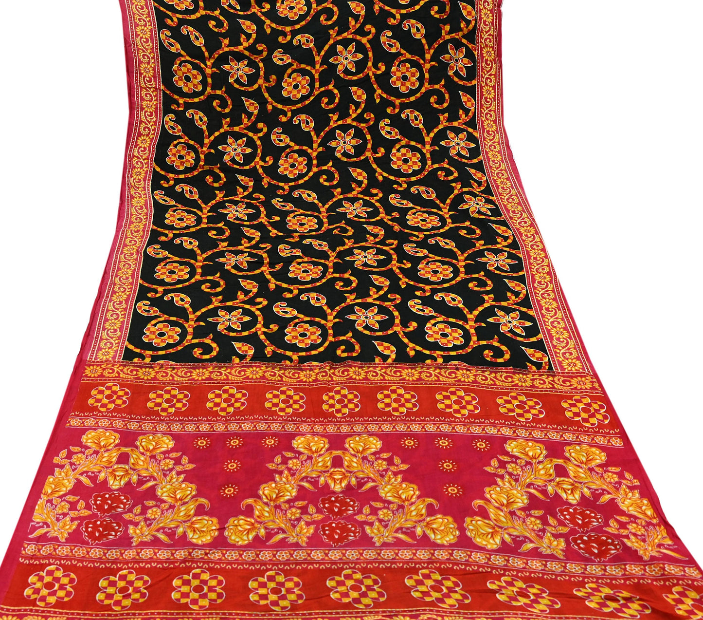 Indian Vintage Sari Red & Black Printed 100% Pure Cotton Sarees Craft Fabric 5Yard Sewing Sarong Wrap Boho Floral Dress making Quilting Soft