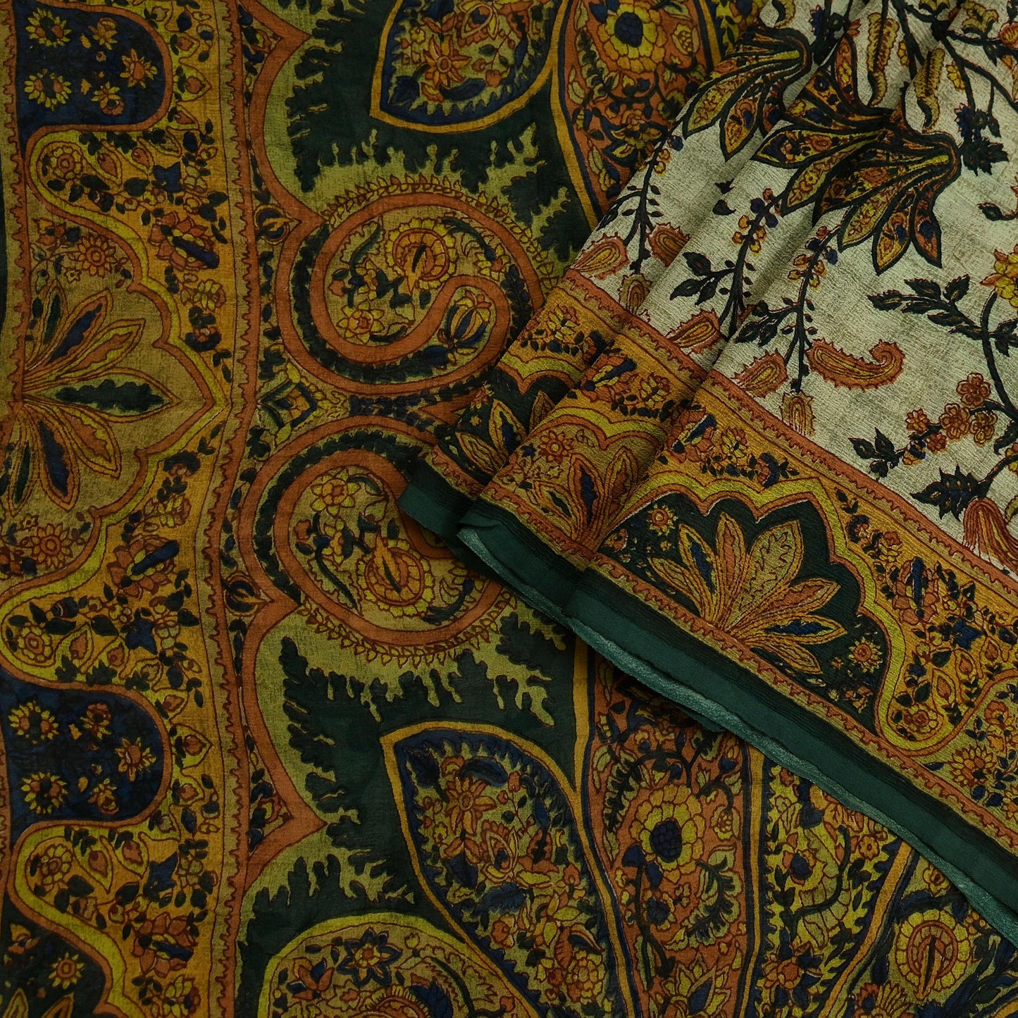 Indian Vintage Sari Green & Ivory Pure Chiffon Silk Printed Sarees 5Yd Craft Fabric Sewing Soft Light Sari Dress Making Upcycle Quilting