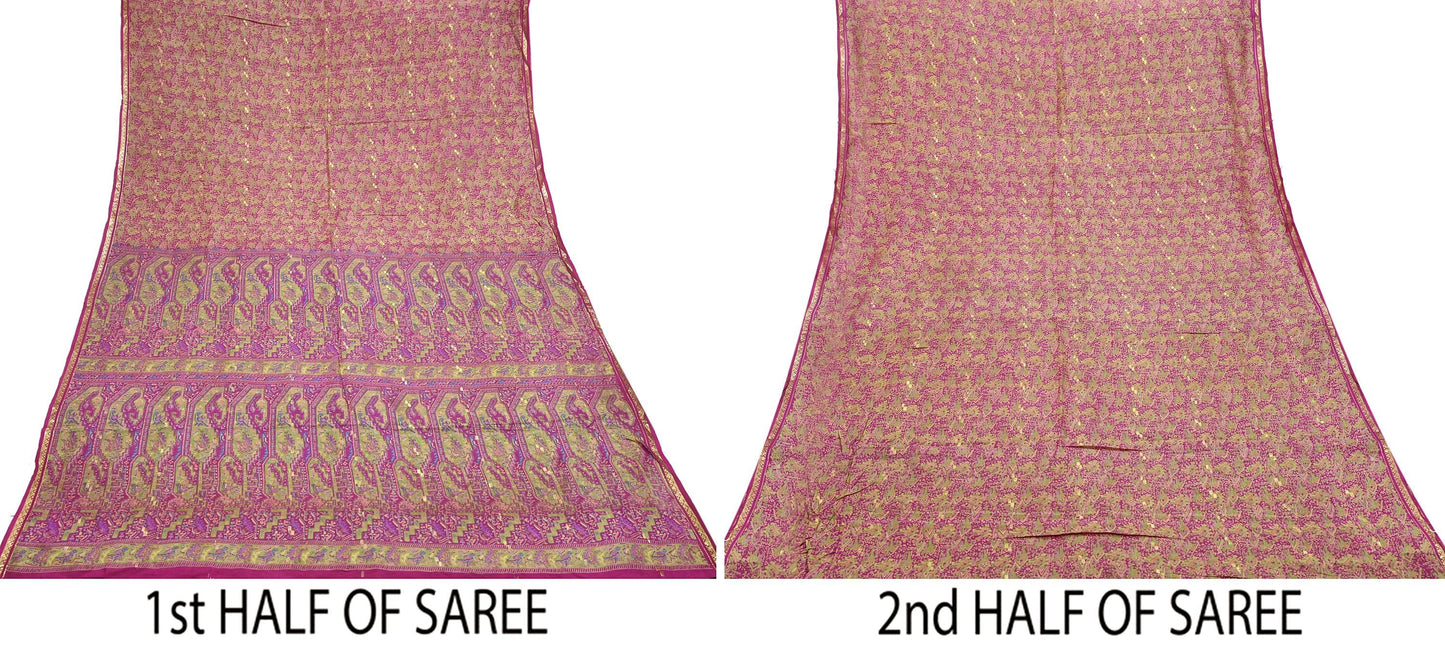 Indian Vintage Sari Rani Pink 100% Pure Silk Woven Printed Sarees Craft Fabric 5yd Sewing Dress Making Floral Upcycle Quilting Crafting Used