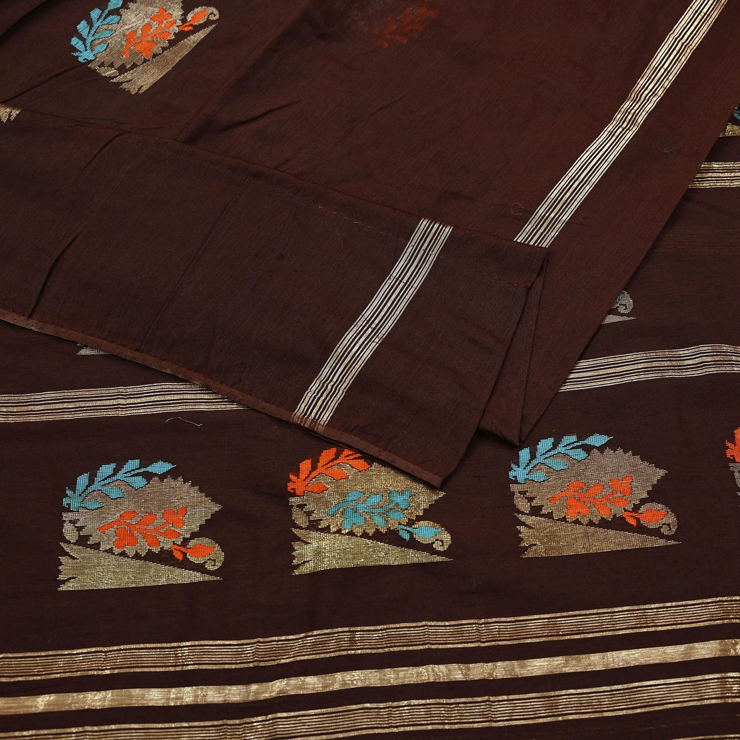 Indian Vintage Sari Brown Pure Silk Hand Woven Sarees Craft Fabric 5Yd Sewing Ethnic Floral Dress making For Crafting Quilting Upcycle