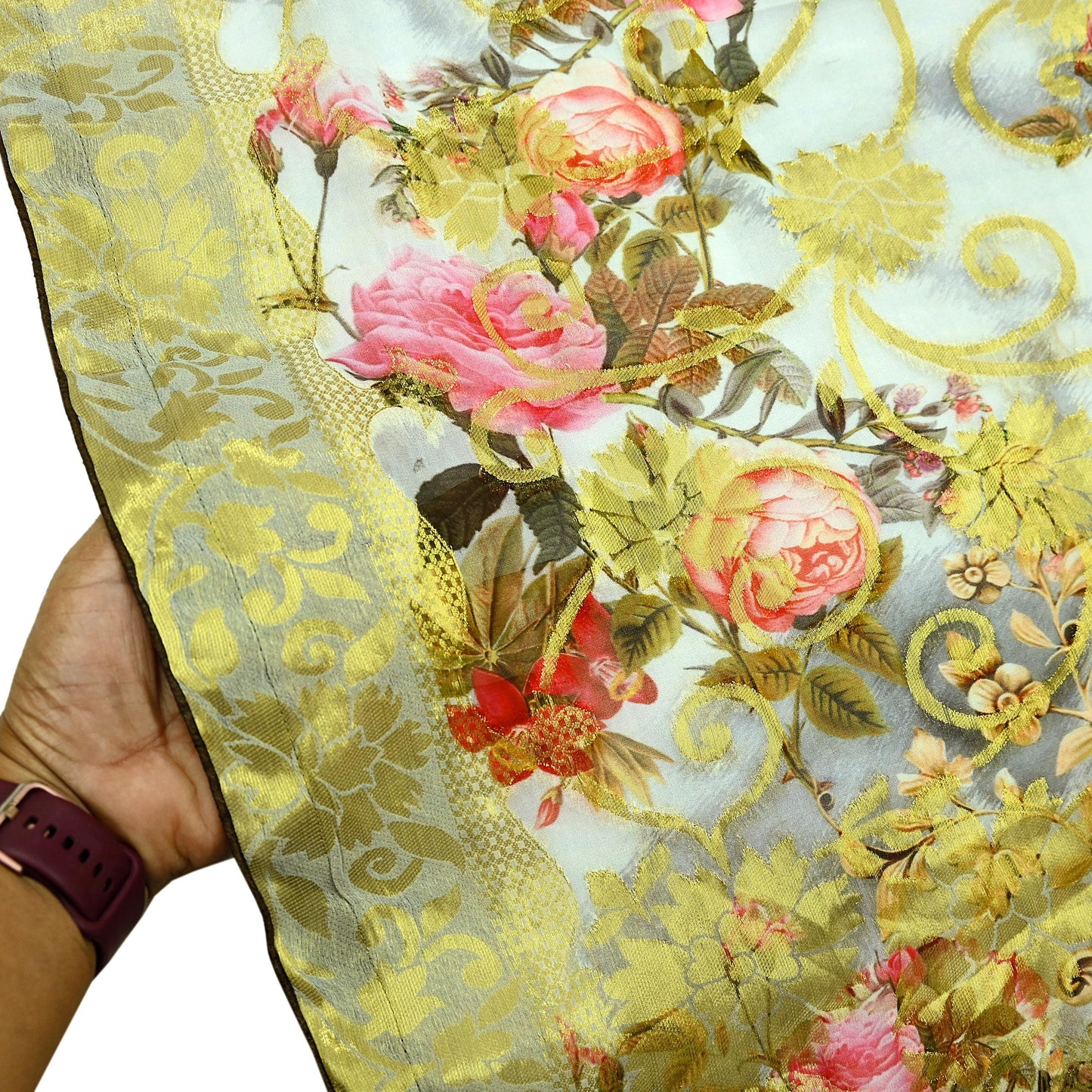 Indian Vintage Dupatta Gray Long Stole Blend Georgette Digital Printed Scarves Veil Hijab Wrap Floral Golden Zari