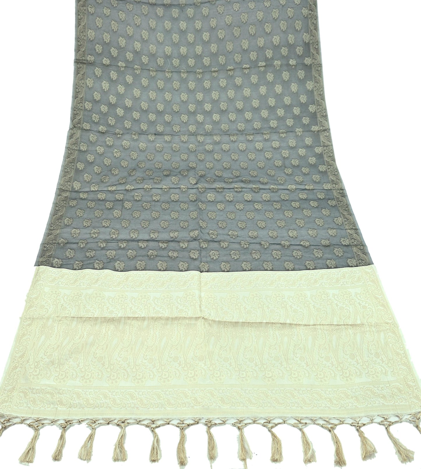 Indian Vintage Dupatta Gray & Ivory Long Stole Artificial Silk Woven Brocade Scarves Veil Scarf Wrap Hippie Boho Soft Floral
