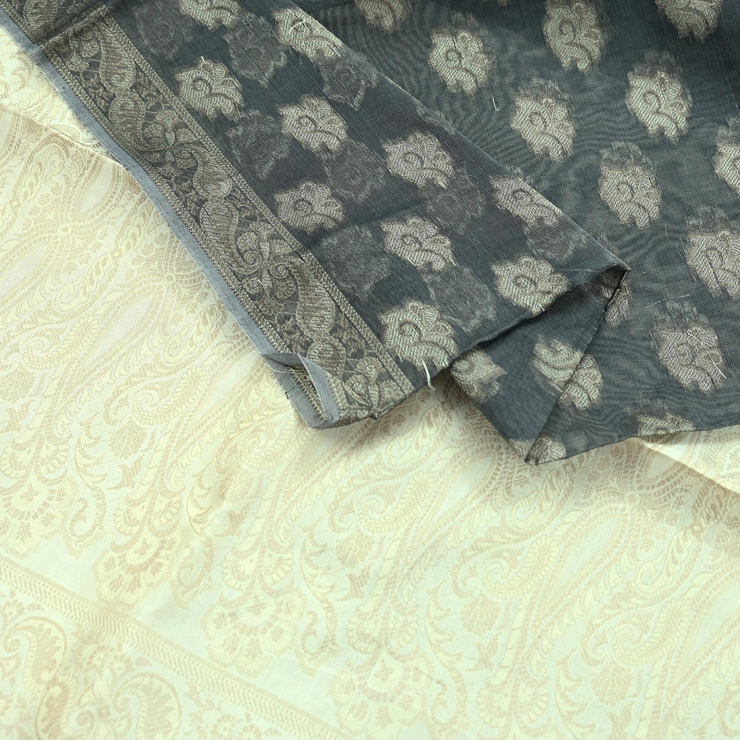 Indian Vintage Dupatta Gray & Ivory Long Stole Artificial Silk Woven Brocade Scarves Veil Scarf Wrap Hippie Boho Soft Floral