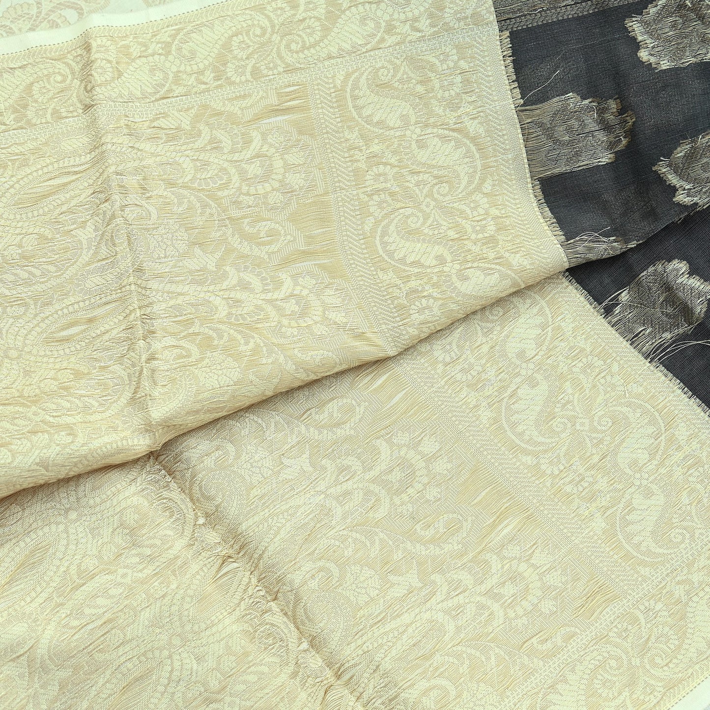 Indian Vintage Dupatta Gray & Ivory Long Stole Artificial Silk Woven Brocade Scarves Veil Scarf Wrap Hippie Boho Soft Floral