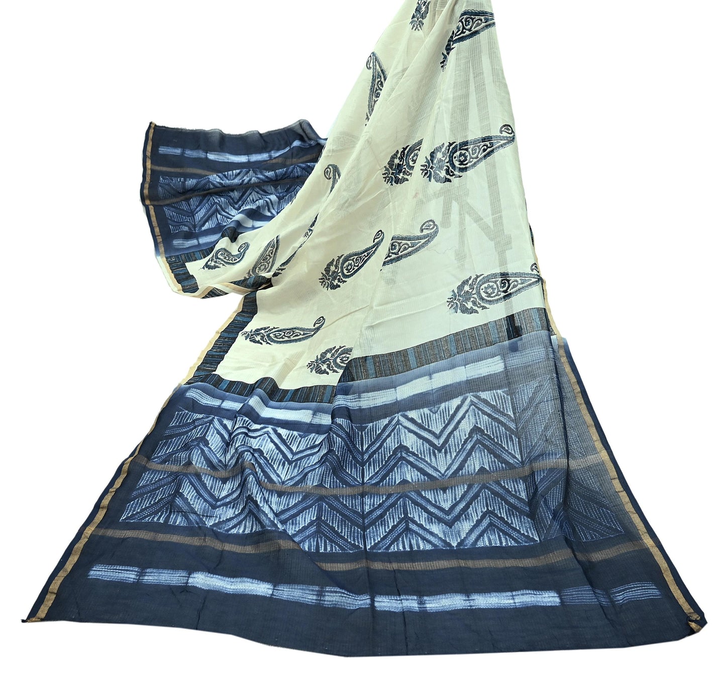Indian Vintage Blue & Ivory Dupatta Long Stole Hand Block Print Pure Chanderi Silk Scarves Veil Golden Zari