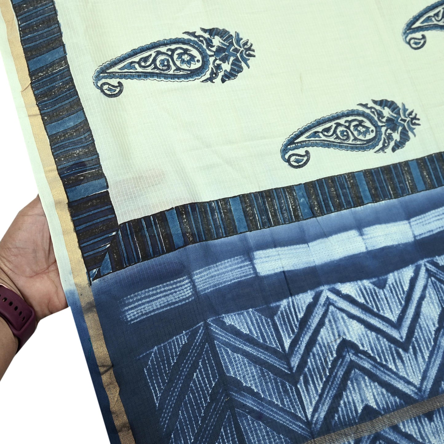 Indian Vintage Blue & Ivory Dupatta Long Stole Hand Block Print Pure Chanderi Silk Scarves Veil Golden Zari