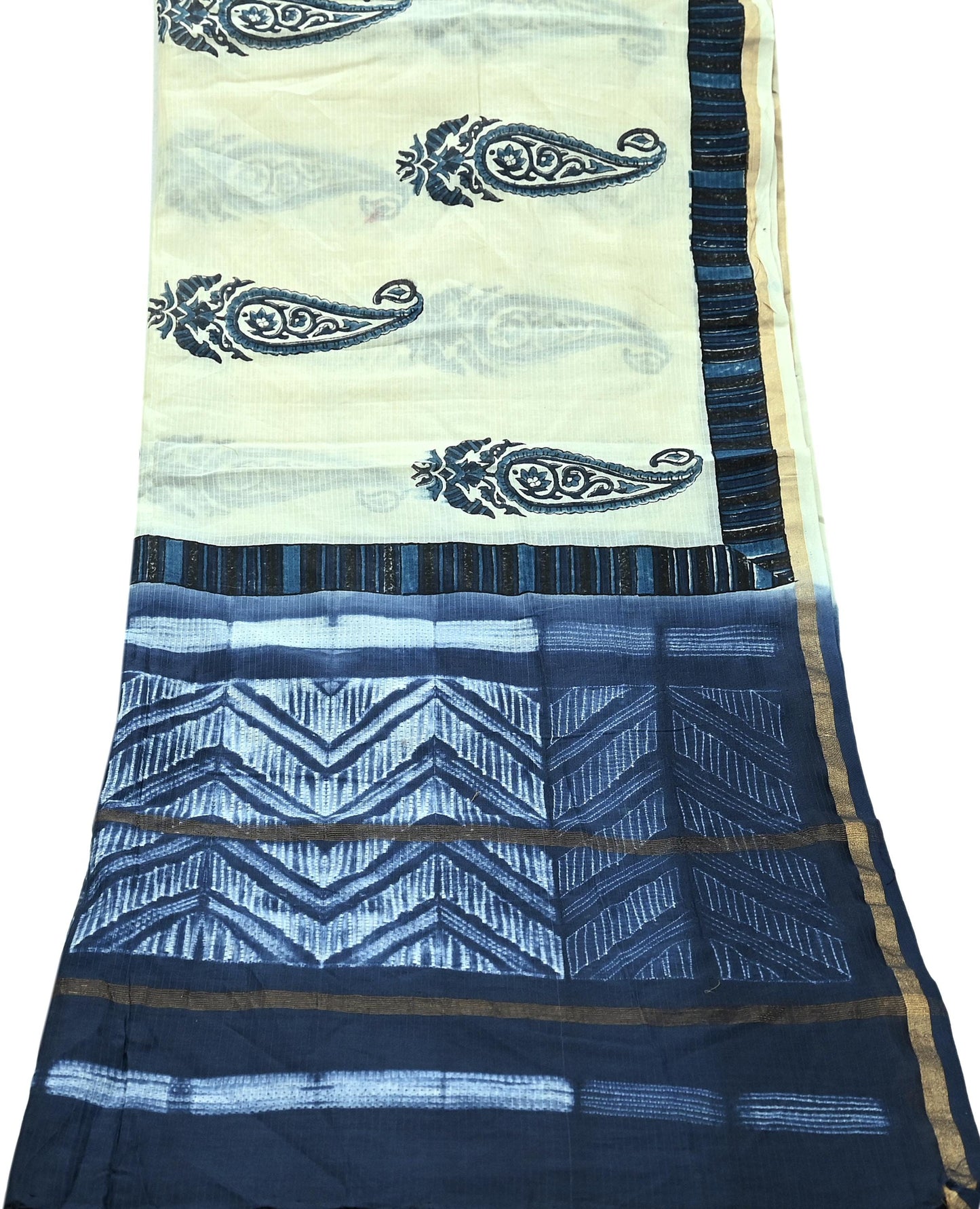 Indian Vintage Blue & Ivory Dupatta Long Stole Hand Block Print Pure Chanderi Silk Scarves Veil Golden Zari
