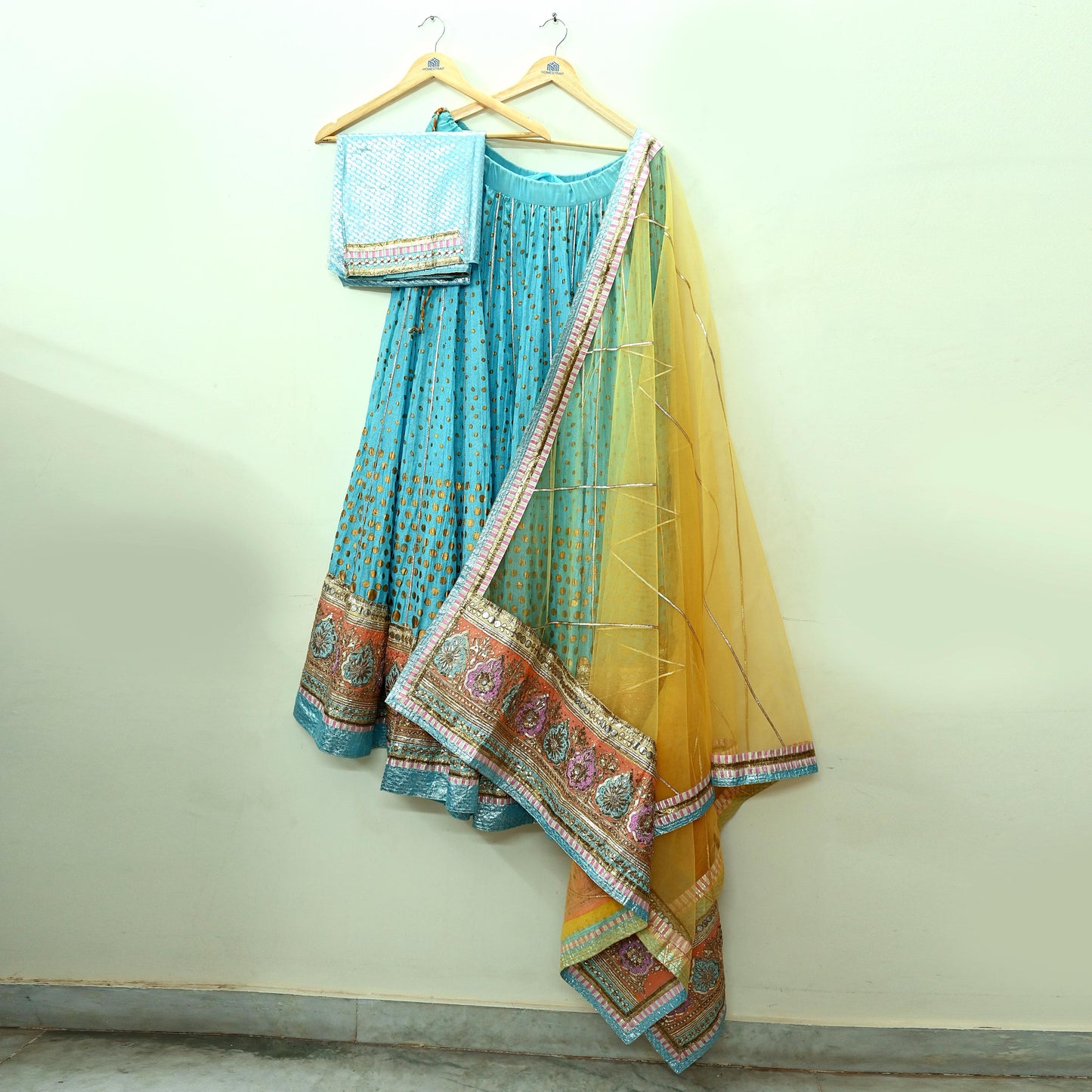 Indian Pre-owned Blue & Yellow Pure Silk Net/Mesh Hand Embroidered Lehenga 3pcs Set Bridal Party Wear With Blouse/Dupatta Bollywood Lehenga