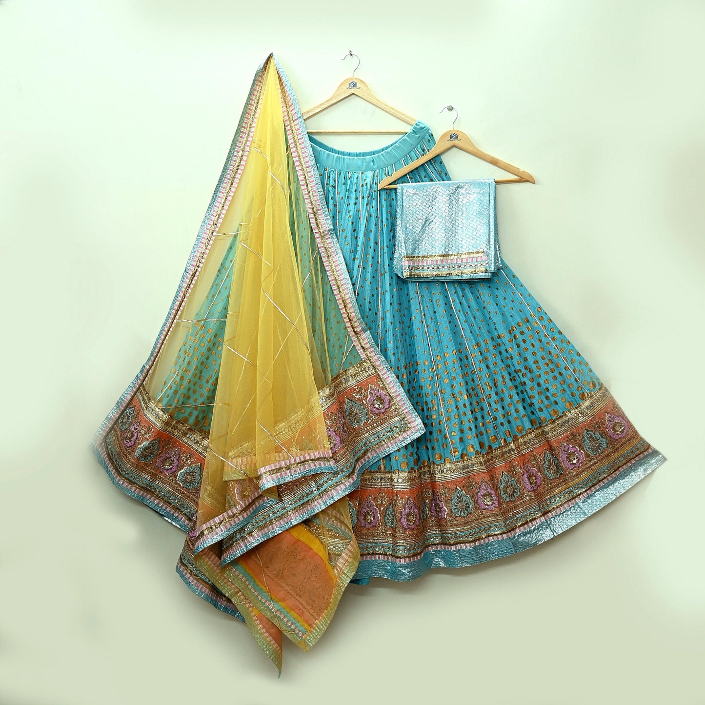 Indian Pre-owned Blue & Yellow Pure Silk Net/Mesh Hand Embroidered Lehenga 3pcs Set Bridal Party Wear With Blouse/Dupatta Bollywood Lehenga
