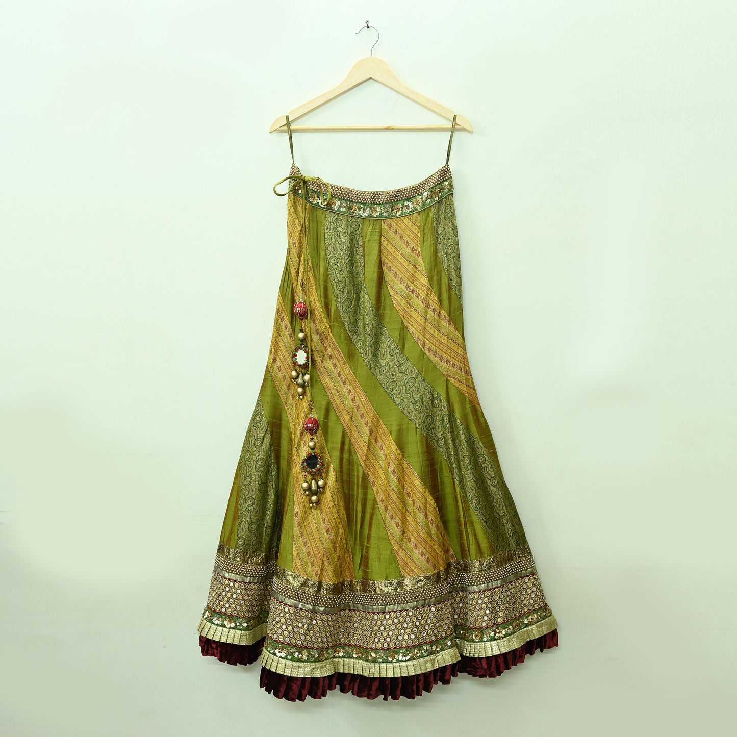 Indian Vintage Multi Pure Chanderi Silk Net/Mesh Hand Embroidered Brocade Lehenga/Dupatta 2pcs Set Bridal Party Wear Bollywood Lehenga