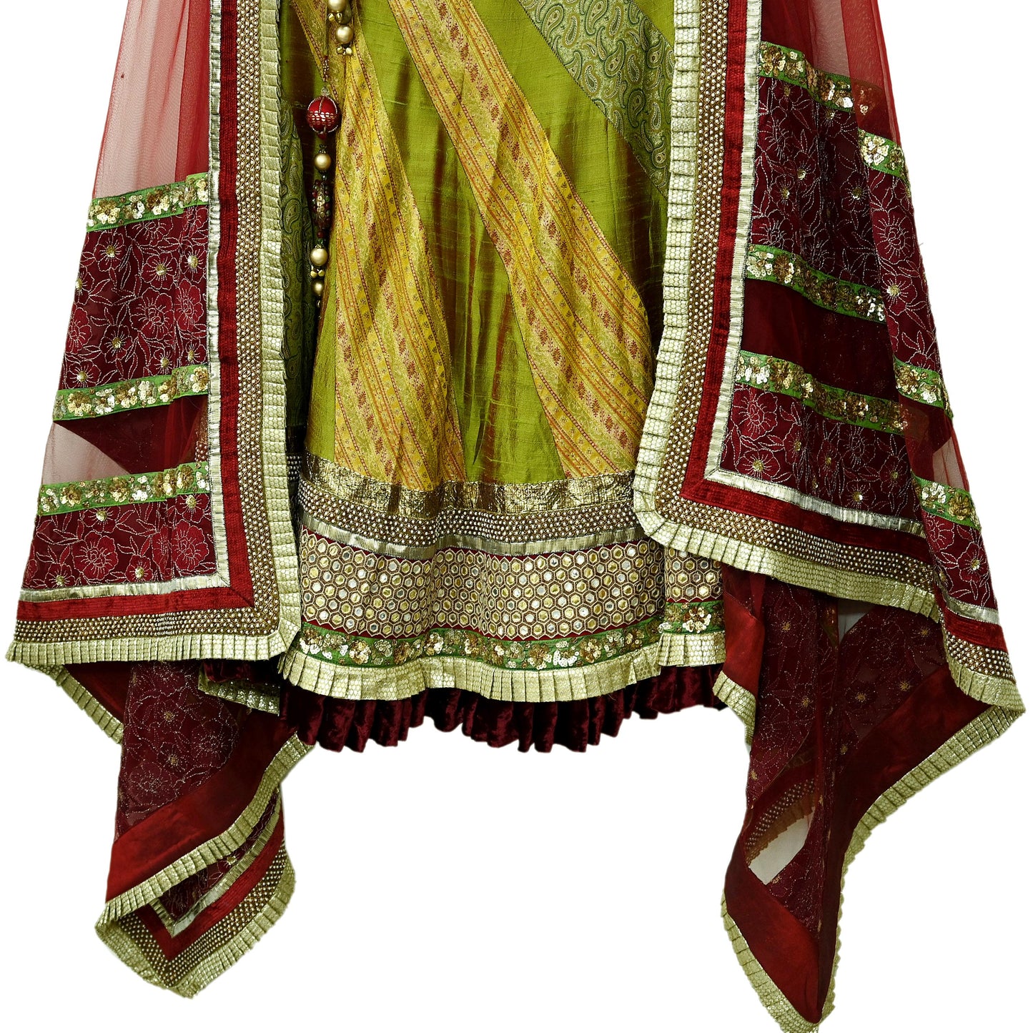 Indian Vintage Multi Pure Chanderi Silk Net/Mesh Hand Embroidered Brocade Lehenga/Dupatta 2pcs Set Bridal Party Wear Bollywood Lehenga