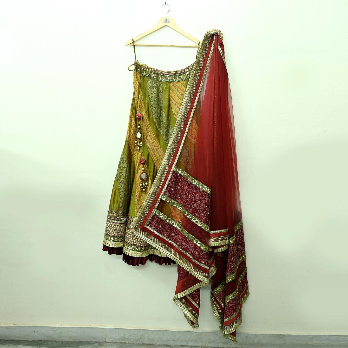 Indian Vintage Multi Pure Chanderi Silk Net/Mesh Hand Embroidered Brocade Lehenga/Dupatta 2pcs Set Bridal Party Wear Bollywood Lehenga