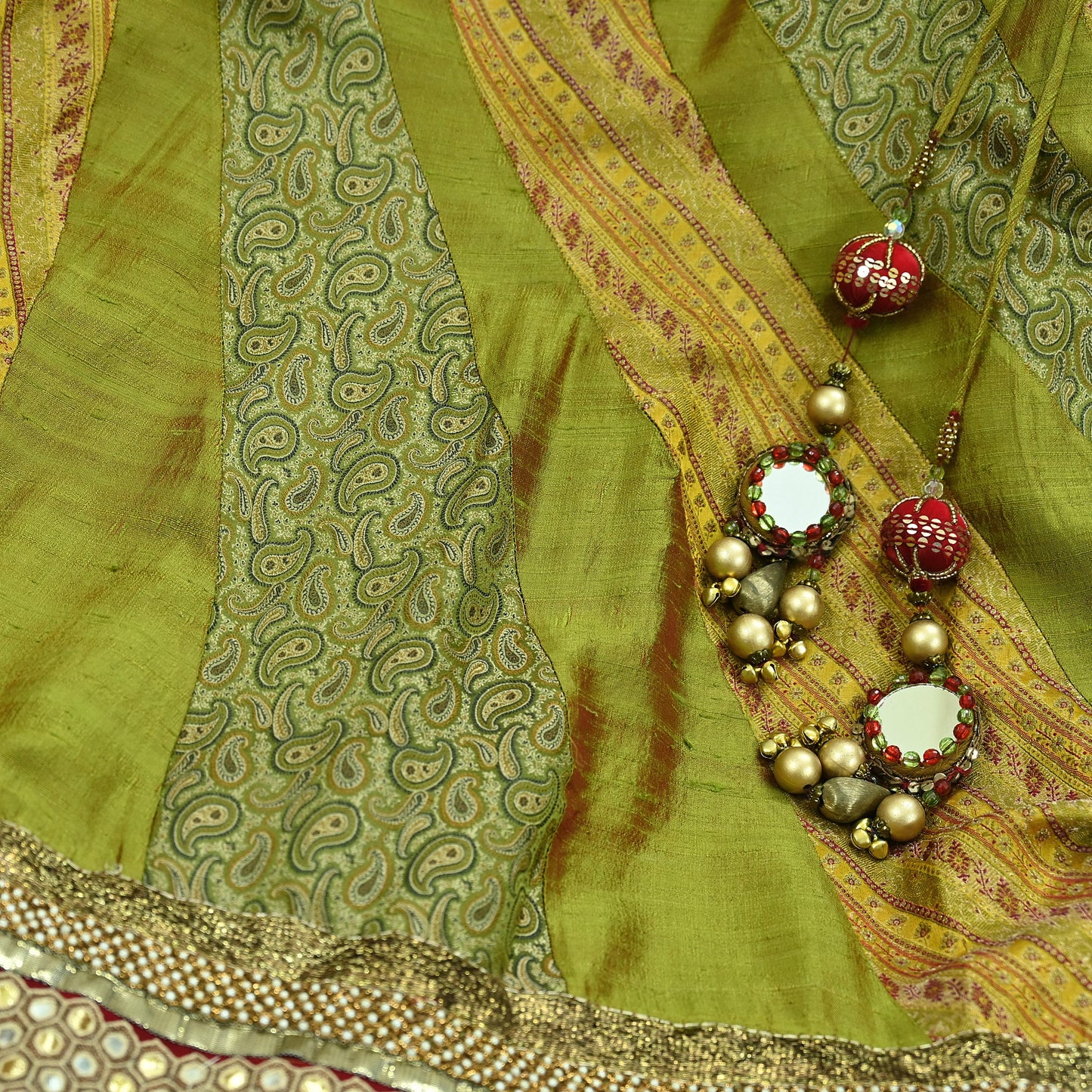 Indian Vintage Multi Pure Chanderi Silk Net/Mesh Hand Embroidered Brocade Lehenga/Dupatta 2pcs Set Bridal Party Wear Bollywood Lehenga