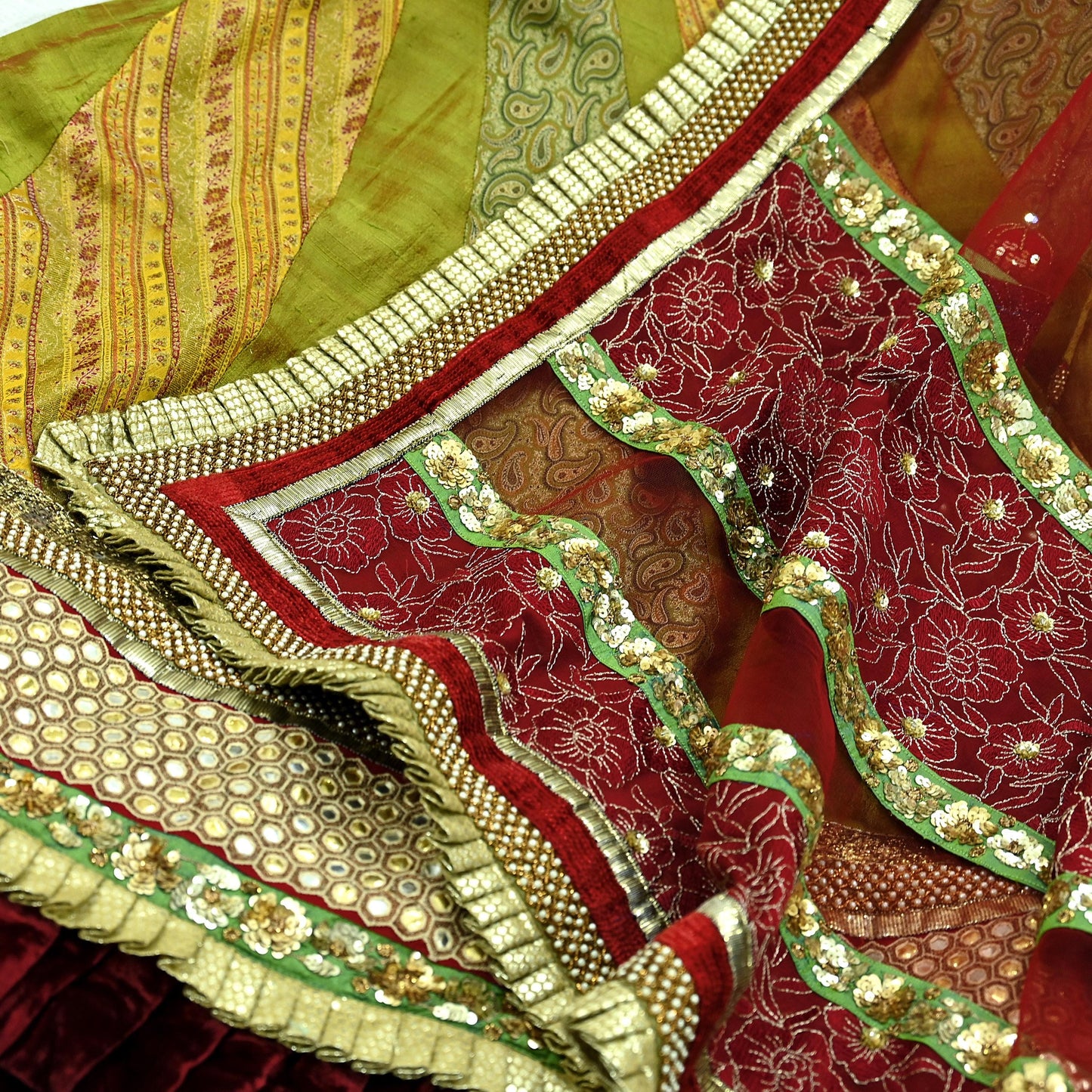 Indian Vintage Multi Pure Chanderi Silk Net/Mesh Hand Embroidered Brocade Lehenga/Dupatta 2pcs Set Bridal Party Wear Bollywood Lehenga