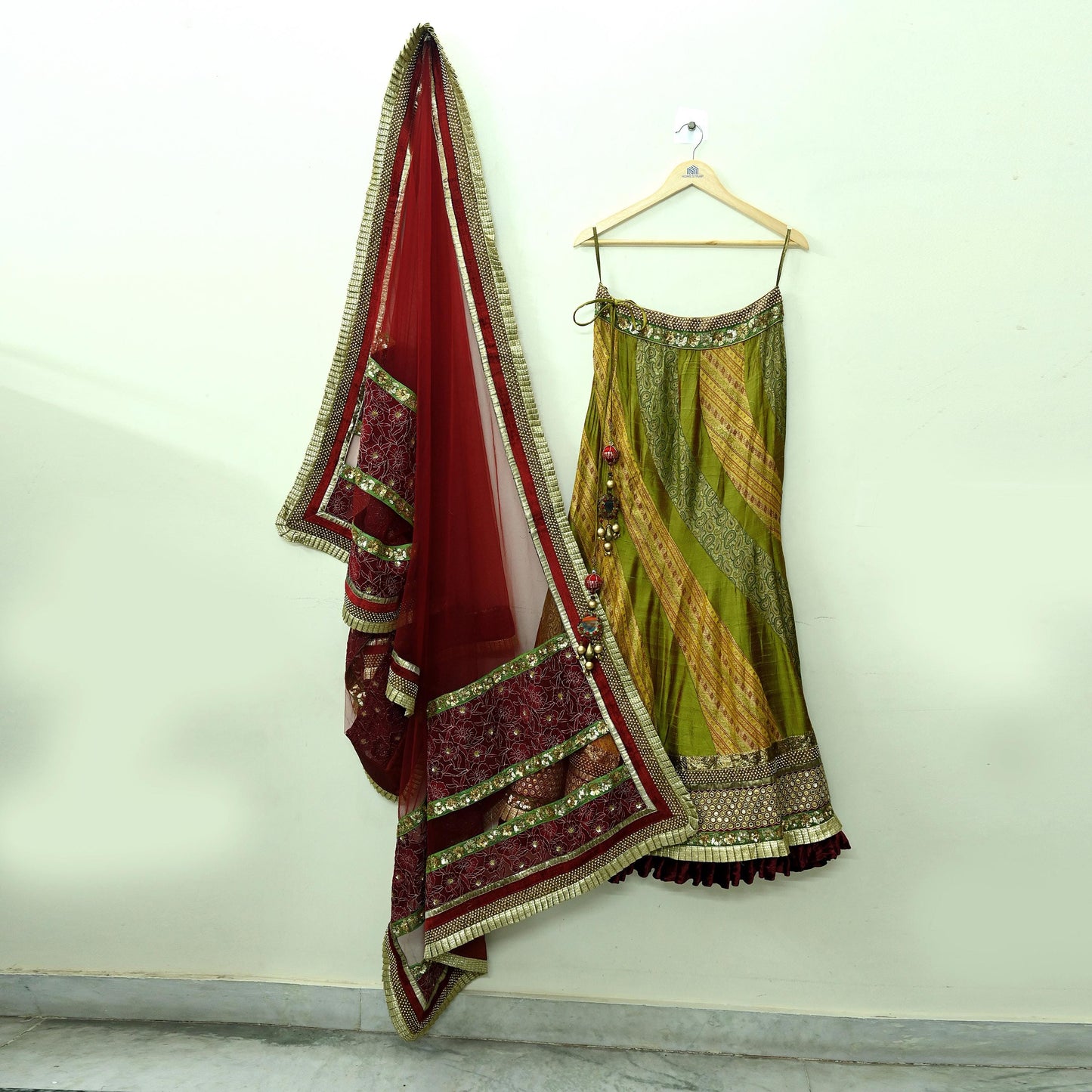 Indian Vintage Multi Pure Chanderi Silk Net/Mesh Hand Embroidered Brocade Lehenga/Dupatta 2pcs Set Bridal Party Wear Bollywood Lehenga