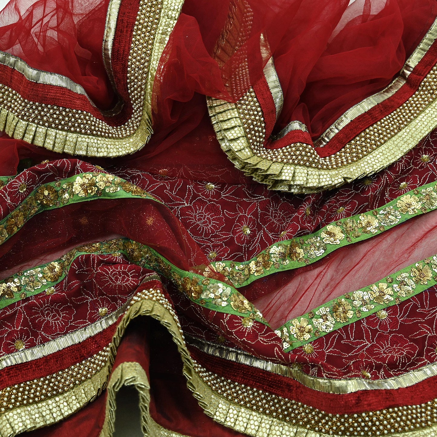 Indian Vintage Heavy Bridal Dupatta Maroon Net Mesh Long Stole Hand Embroidered Scarves Zardozi/ Dabka Wedding/Party Wear