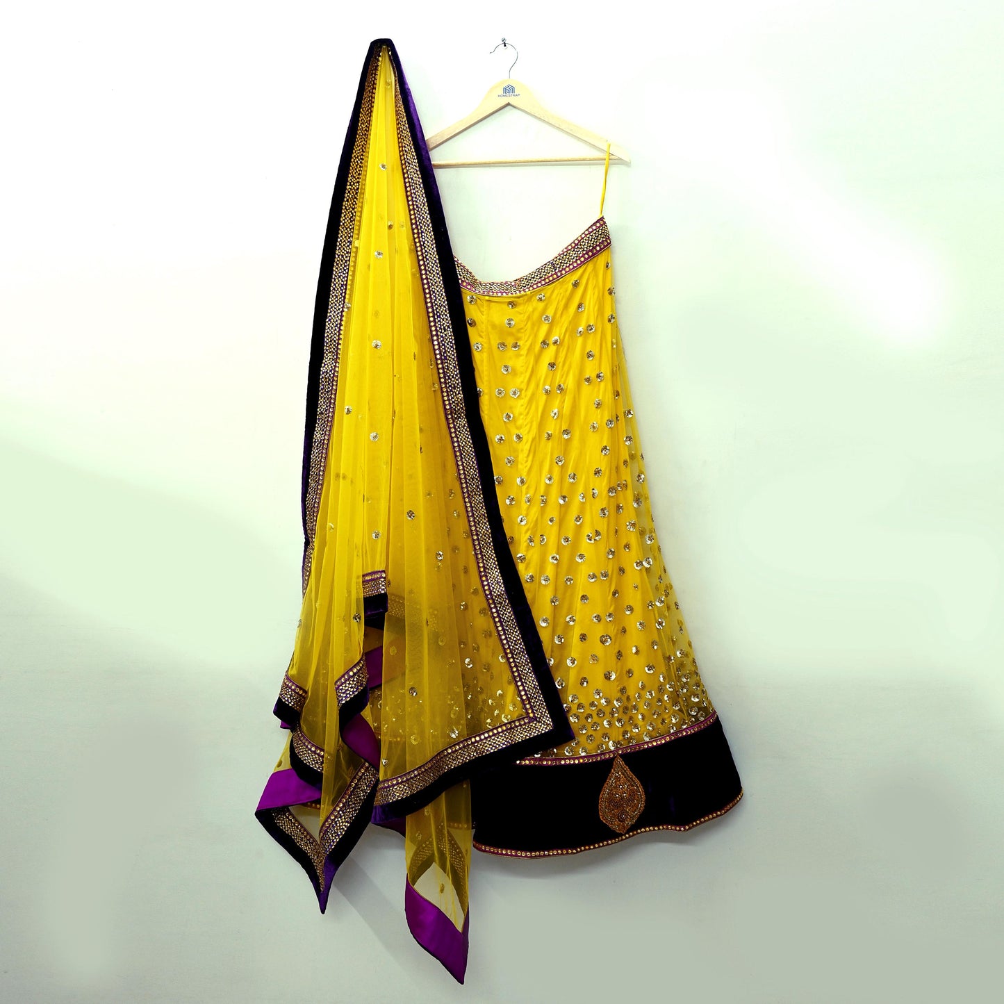 Indian Vintage Yellow Net/Mesh Hand Embroidered Lehenga/Dupatta 2pcs Set Bridal Party Wear Bollywood Lehenga Zardozi/ Dabka