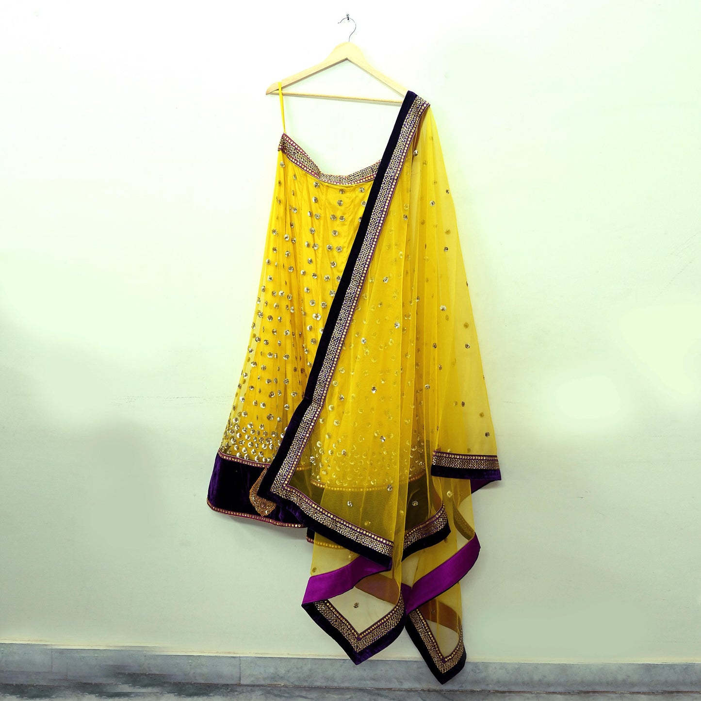 Indian Vintage Yellow Net/Mesh Hand Embroidered Lehenga/Dupatta 2pcs Set Bridal Party Wear Bollywood Lehenga Zardozi/ Dabka
