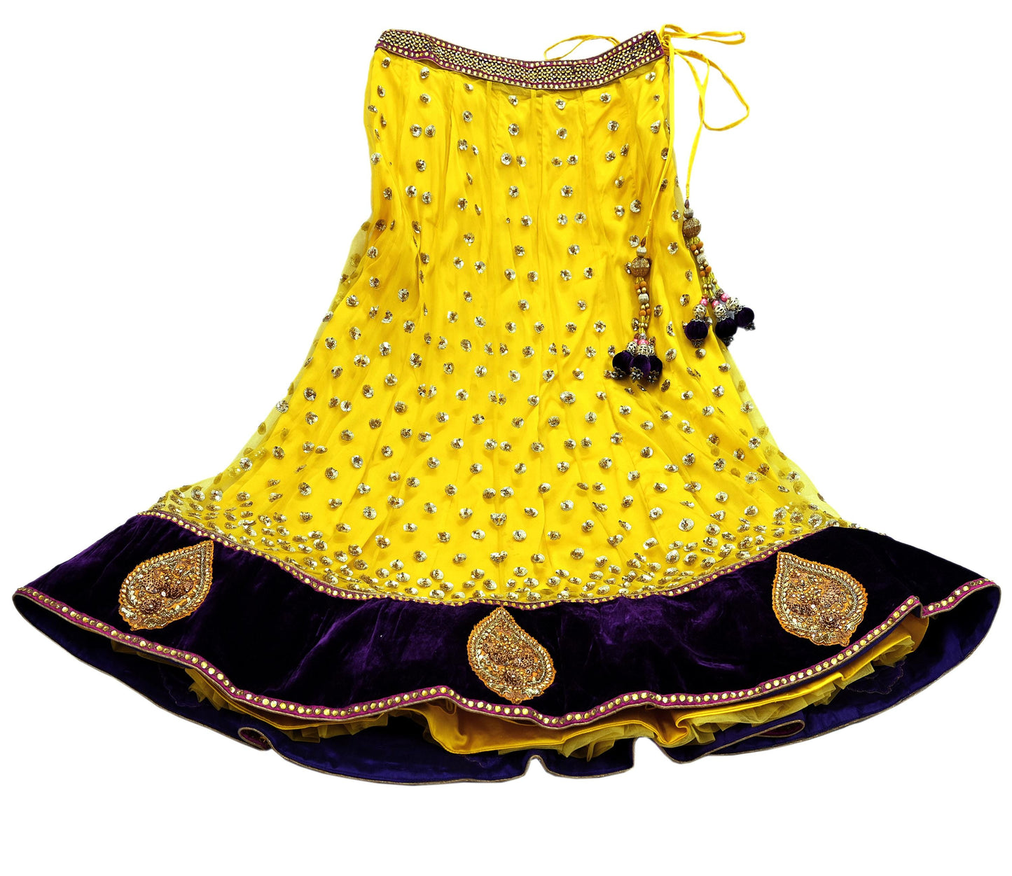 Indian Vintage Yellow Net/Mesh Hand Embroidered Lehenga/Dupatta 2pcs Set Bridal Party Wear Bollywood Lehenga Zardozi/ Dabka