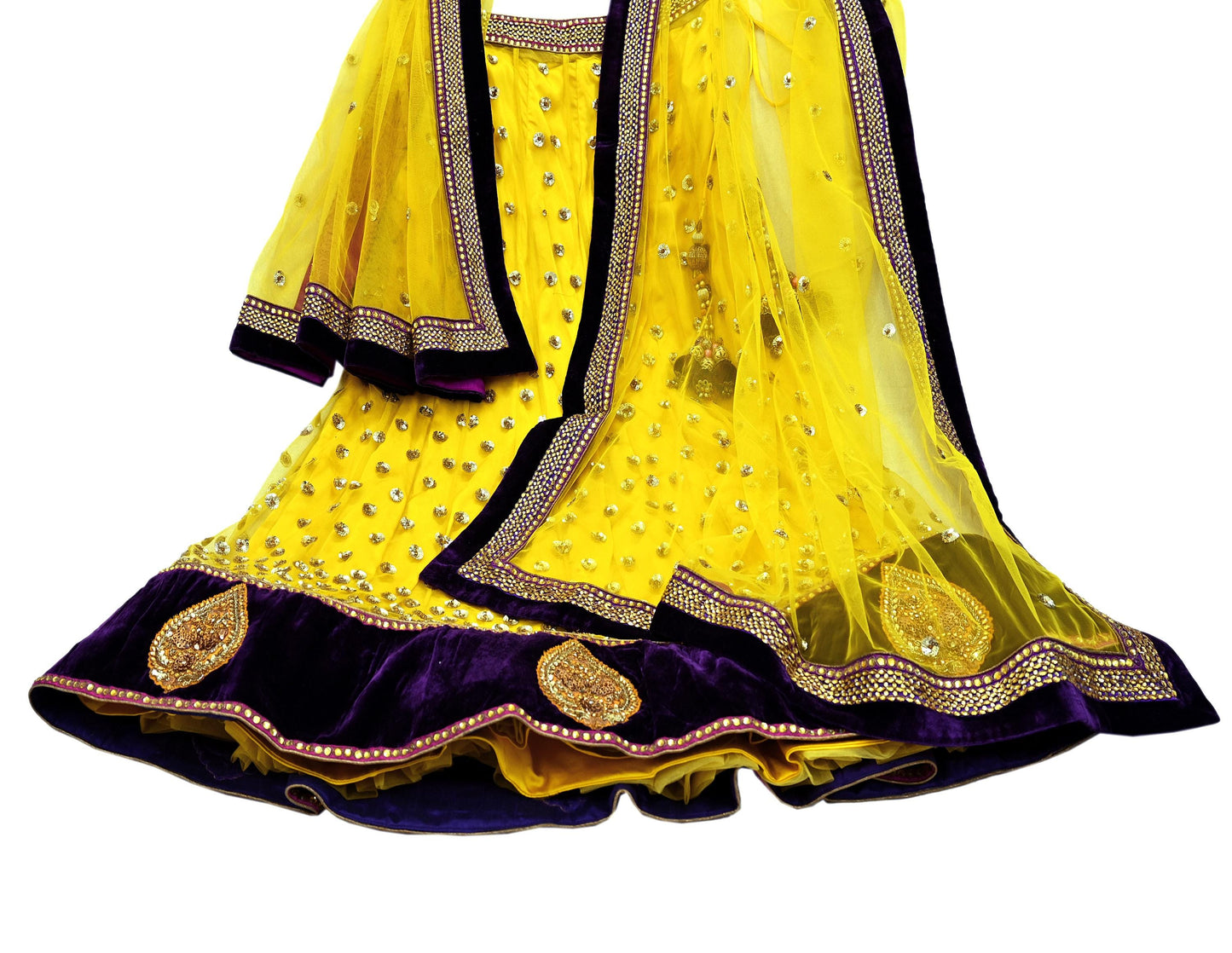 Indian Vintage Yellow Net/Mesh Hand Embroidered Lehenga/Dupatta 2pcs Set Bridal Party Wear Bollywood Lehenga Zardozi/ Dabka