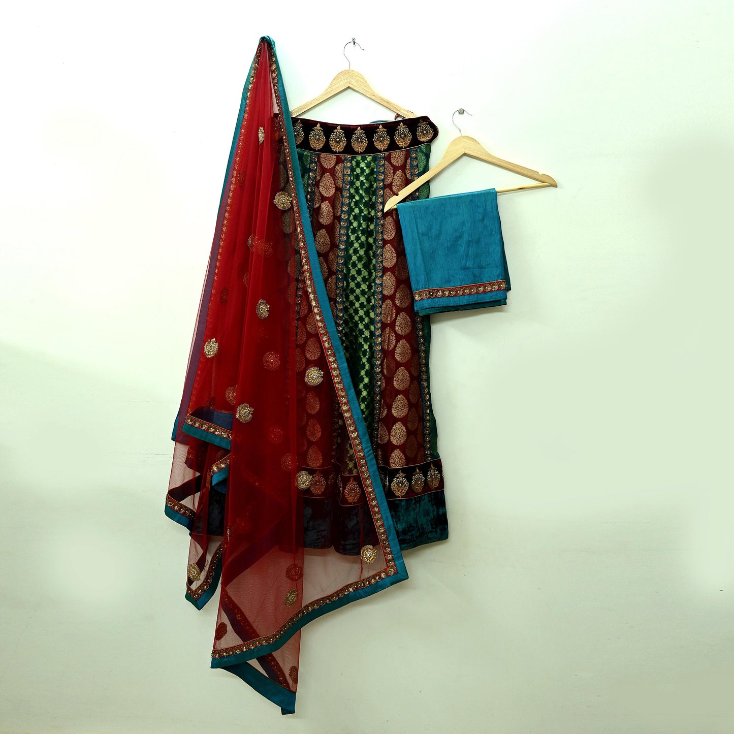 Indian Vintage Pure Georgette Silk Net/Mesh Hand Embroidered Lehenga 3pcs Set Bridal Party Wear With Blouse/Dupatta Bollywood Lehenga
