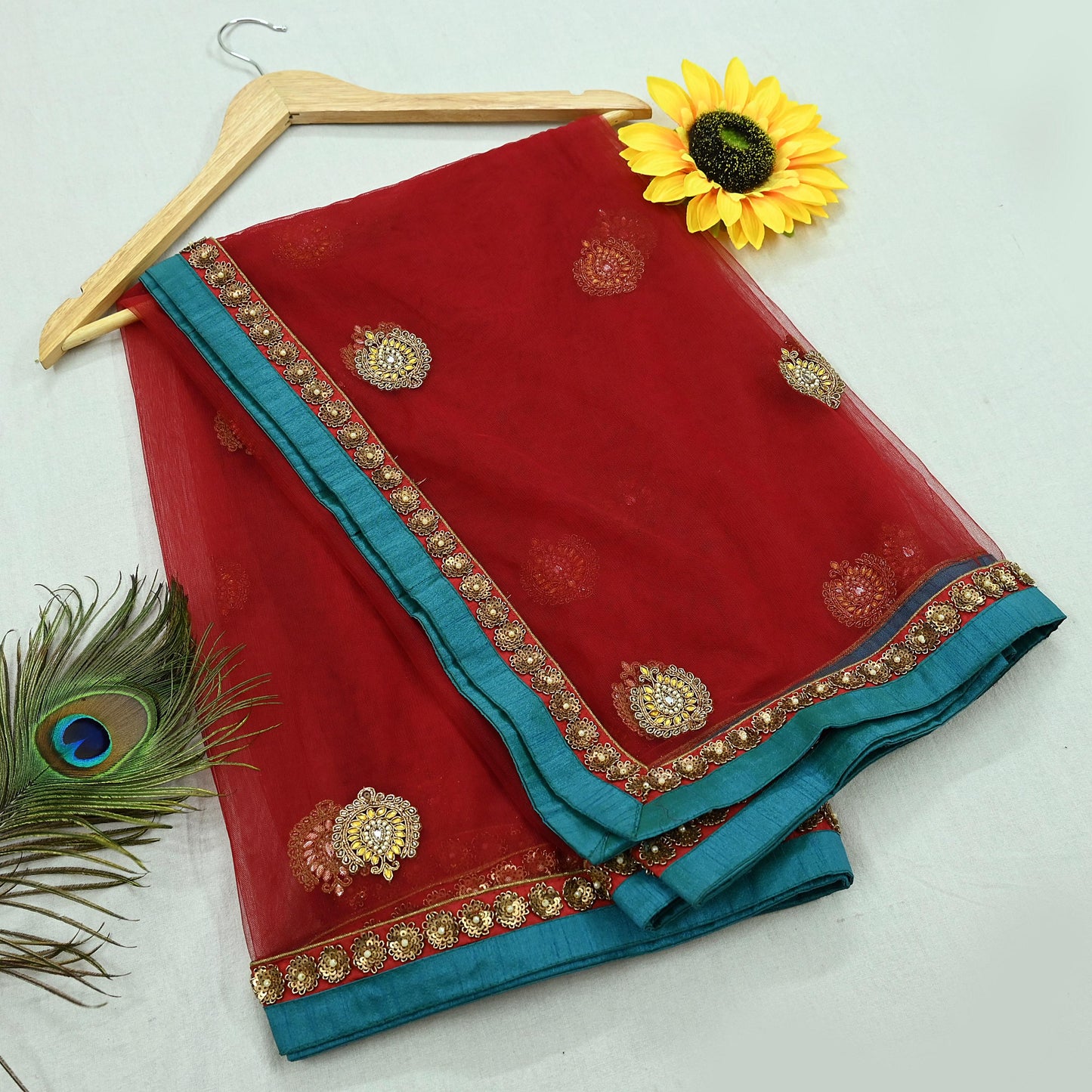 Indian Vintage Heavy Bridal Dupatta Maroon Net Mesh Long Stole Hand Embroidered Scarves Patti Wedding/Party Wear