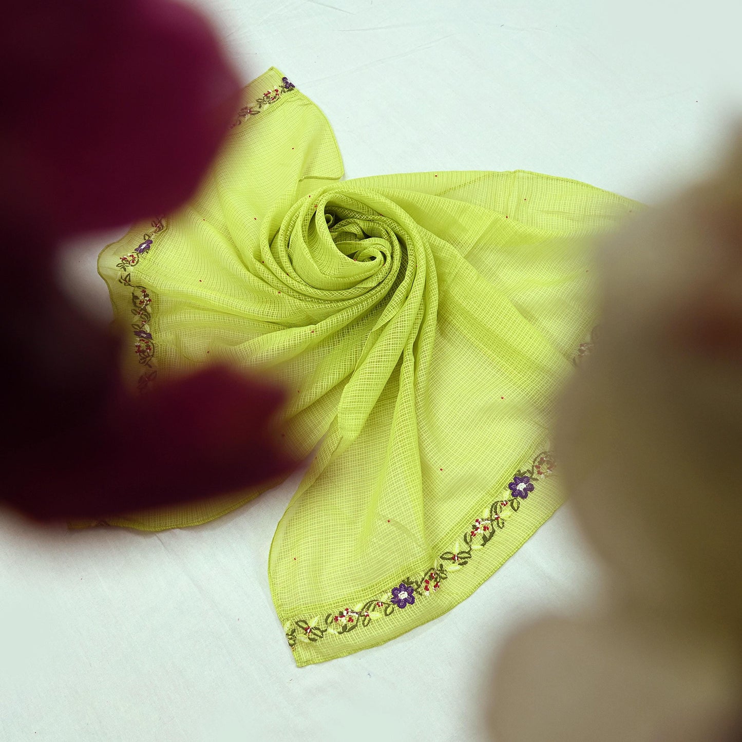 Indian Vintage Dupatta Lemon Green Pure silk Long Stole Hand Embroidered Scarves Floral Design Stole Veil Wrap