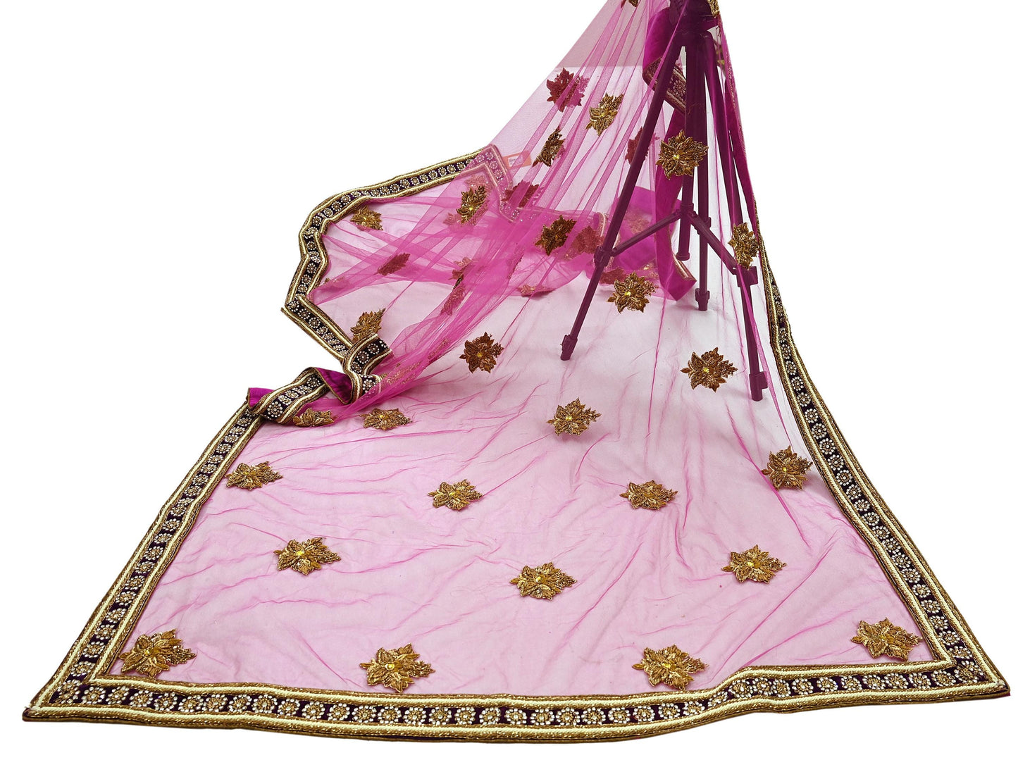 Indian Vintage Heavy Wedding Purple Dupatta Net Mesh Long Stole Hand Embroidered Scarves Golden Zardozi Dabka Zari Bridal Veil Hijab