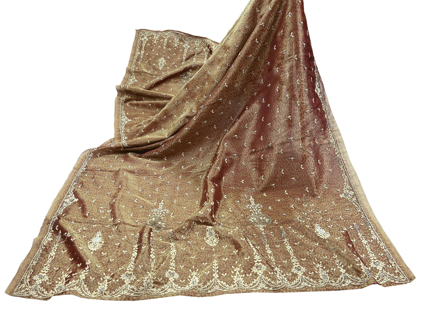 Indian Vintage Heavy Bridal Dupatta Golden Maroon Pure Tissue Silk Long Stole Hand Embroidered Scarves Zari Zardozi/Dabka Wedding Hijab